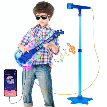 Guitar And Microphone Play Set For Boys,Karaoke Machine With Music&Light,Microphone Toys With Stand,Adjustable Height Guitar Toy