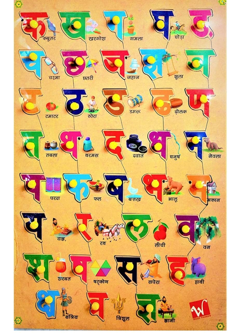 Futurez Keys Presents Educational Wooden Hindi Varnmala Consonants Shabdkosh Learning Puzzle Tray with Multicolor with Knobs