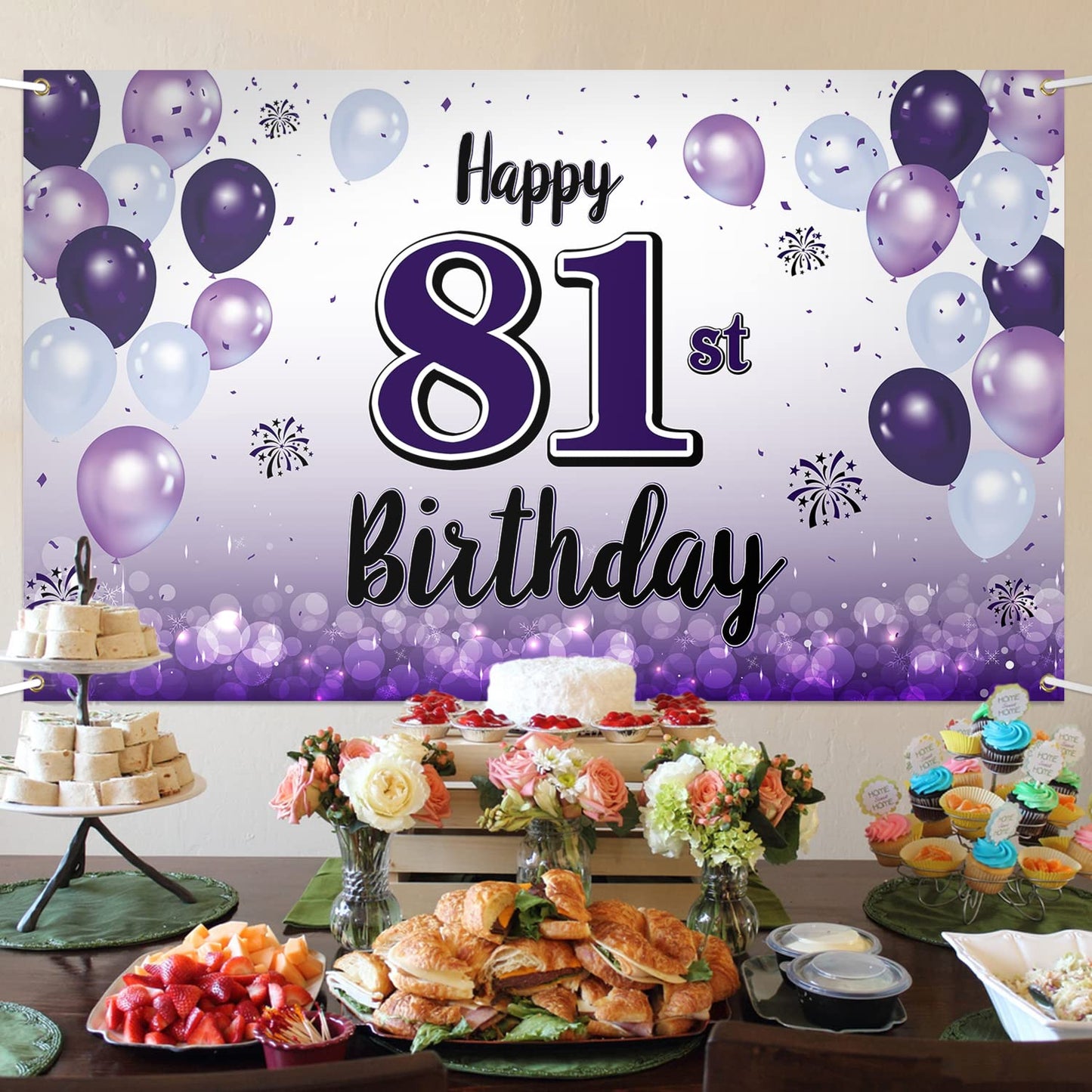 LASKYER Happy 81st Birthday Decorations,81st Purple Balloon Large Birthday Banner Backdrop Sign,81 Years Old Bday Party Supplies