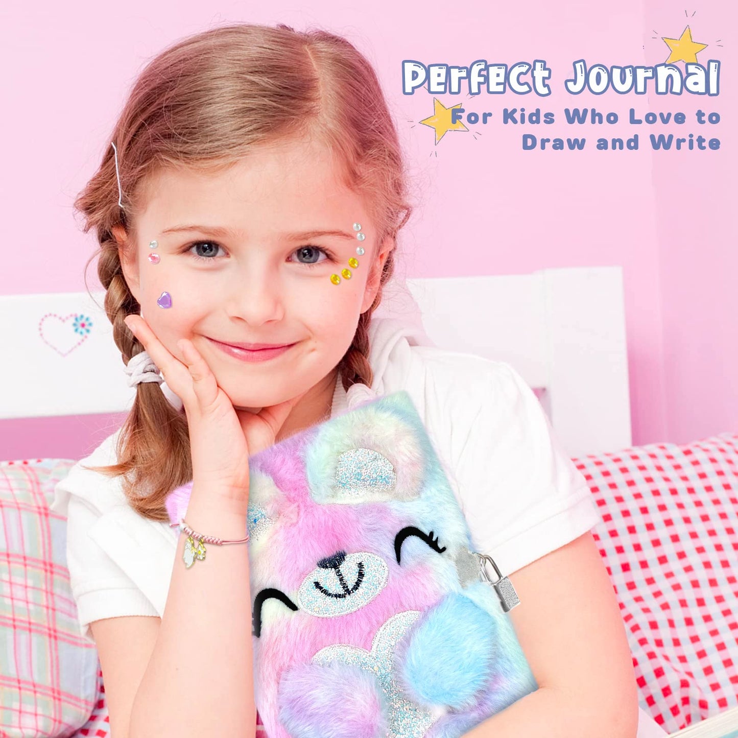 Homicozy Bear Diary For Girls With Lock And Keys, Kids Journal School Travel Notebook Gift Set For Writing And Drawing,Plush Secret Diary With Multicolored Pen Stickers Purse Keychain