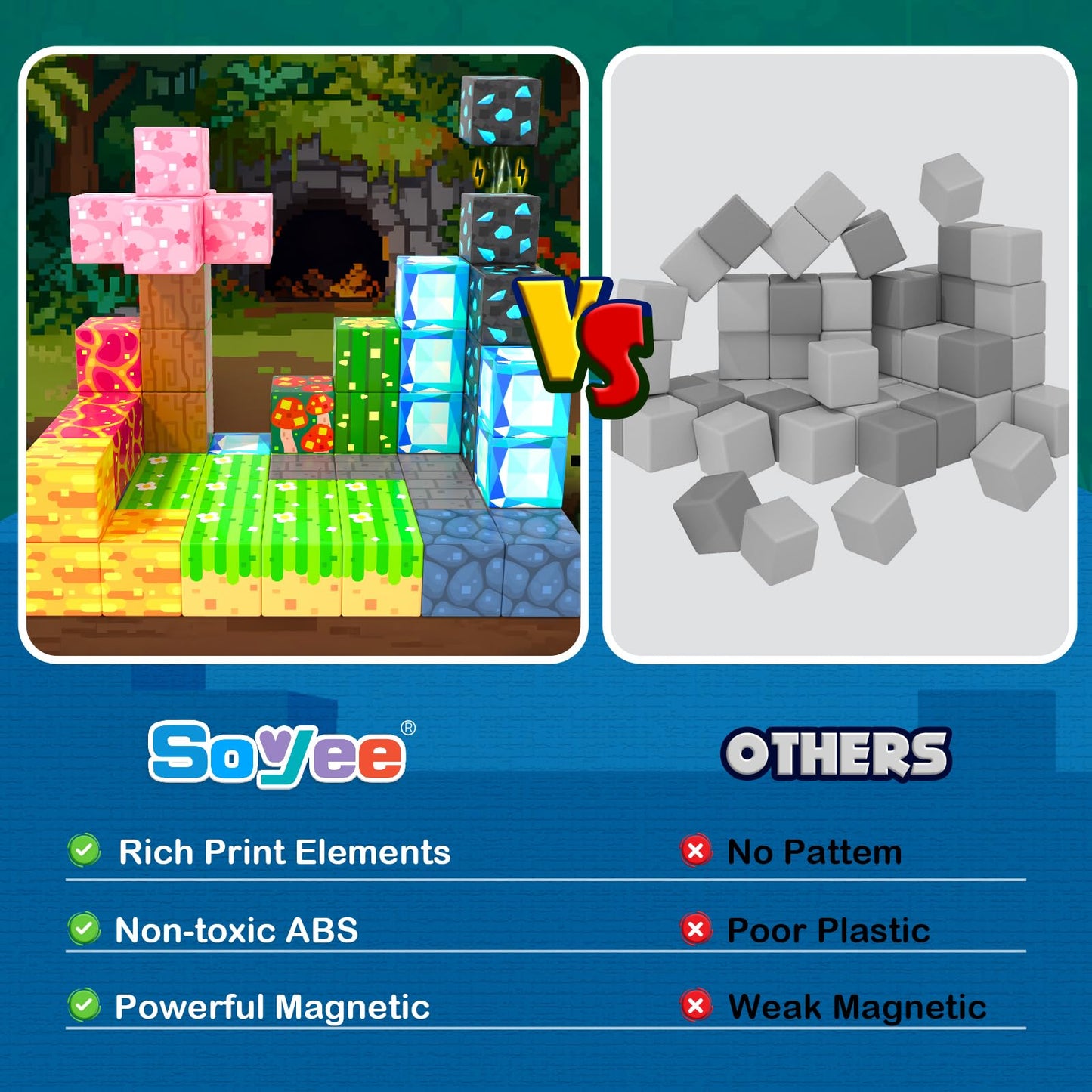 Soyee Magnetic Blocks 100 PCS Building Toys for Ages 4-8 9-12 3-5 Forest & Mine Theme Magnet Building Cubes STEM Sensory Toys fo