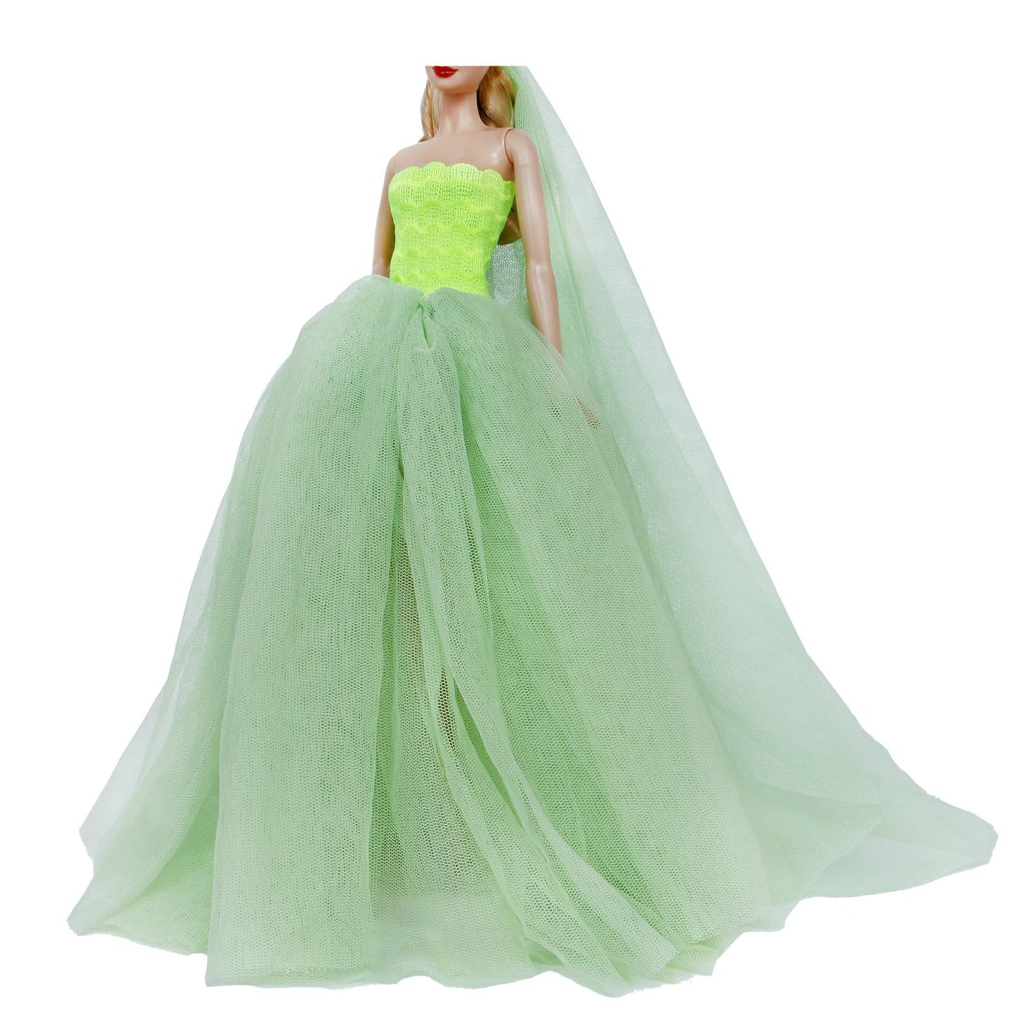 Bjdbus For 11.5 Inch Girl Doll Clothes, Green Trailing Wedding Dress With Veil Dinner Party Gown