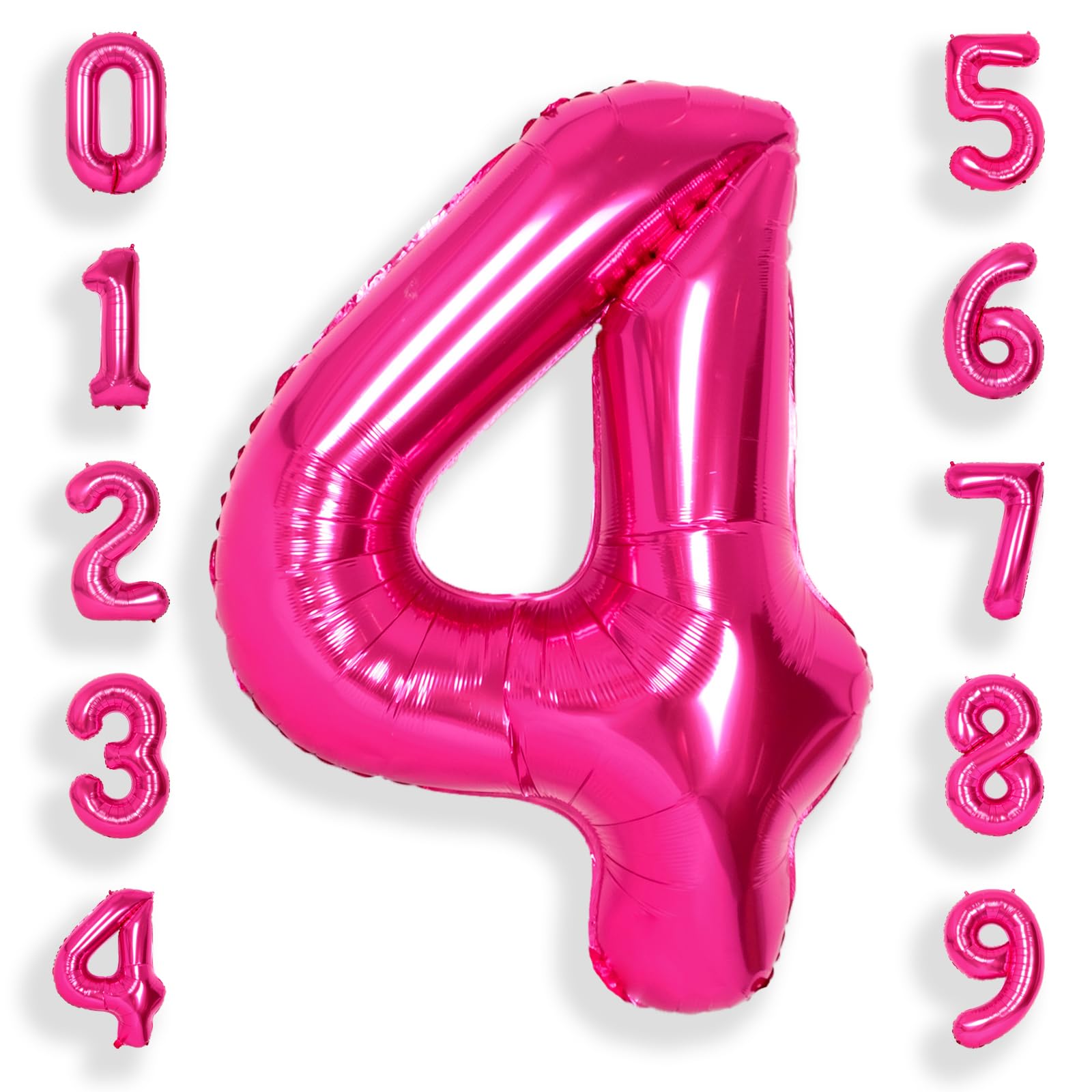 Suwen 40 Inch Hot Pink Large 4 Number Balloons Big Foil Helium Number Balloons 0-9 Jumbo Happy 4Th Mylar Birthday Party Decorati