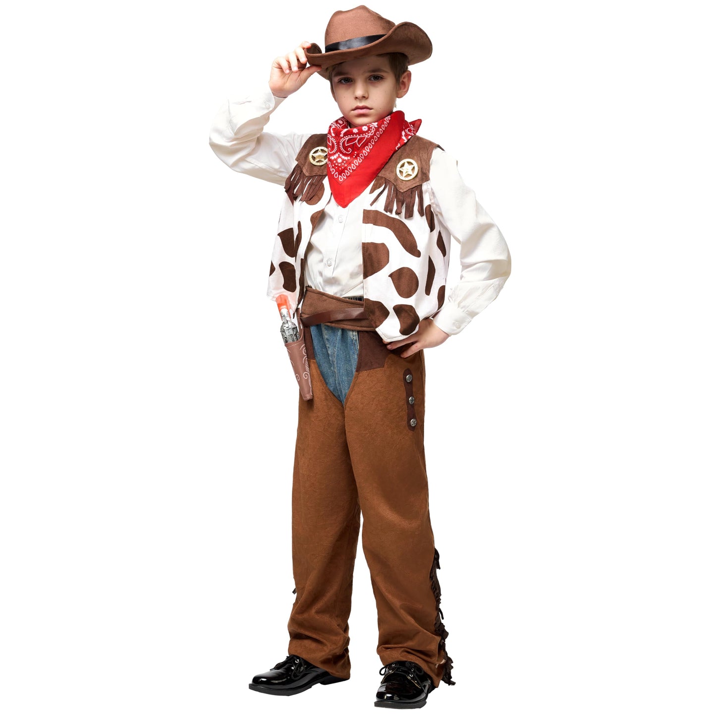 Spooktacular Creations Halloween Cowboy Costume For Boys, Kids White Brown Western Costume, Deluxe Cowboy Outfit Set With Hat For Toddler Halloween Dress-Up, Roleplay Themed Party (Medium, 8-10 Yrs)