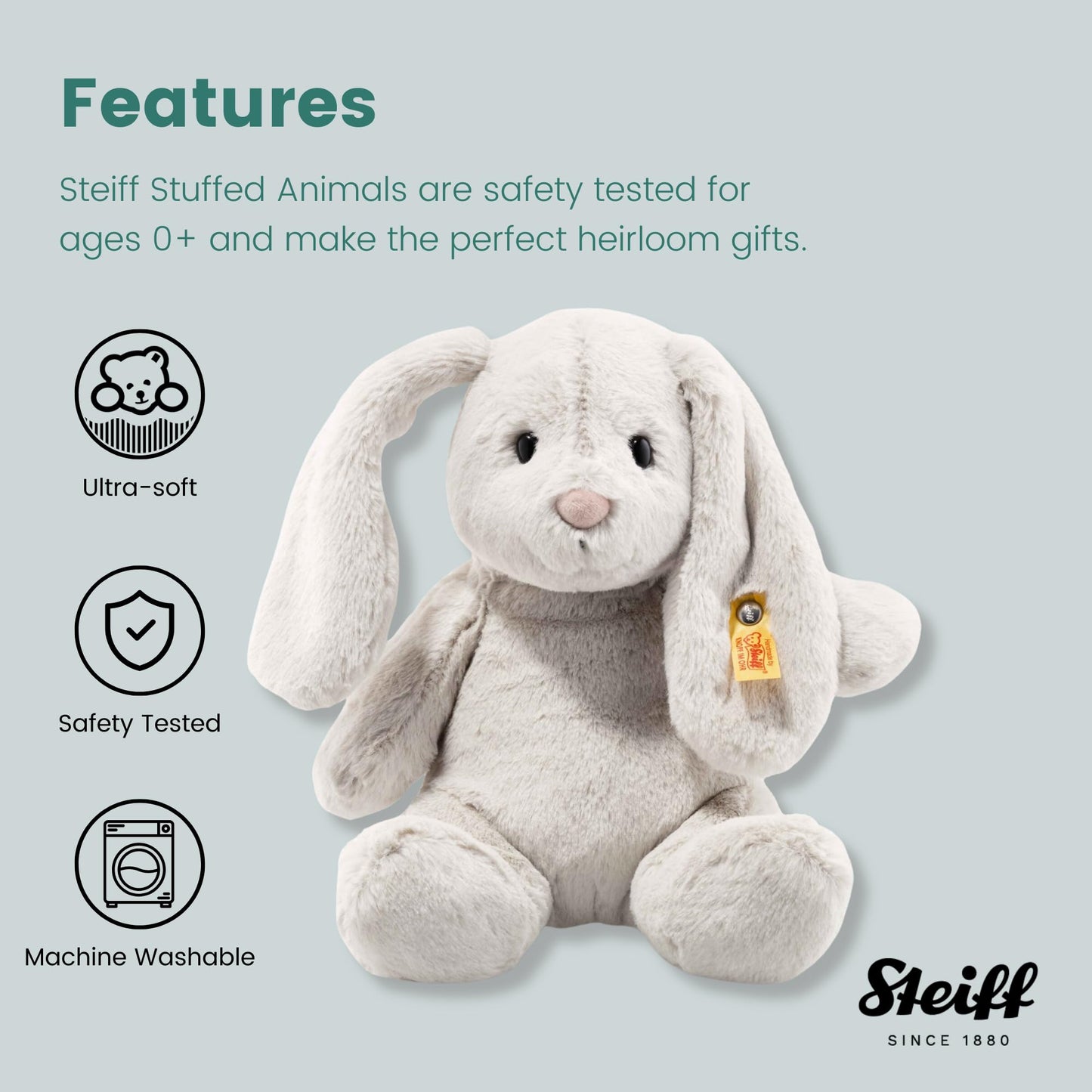 Steiff Hoppie Rabbit Toy Figure  enhanced Stuffed Animal (Light Grey  11)  Soft & Cuddly Plush for Kids  Boys & Girls