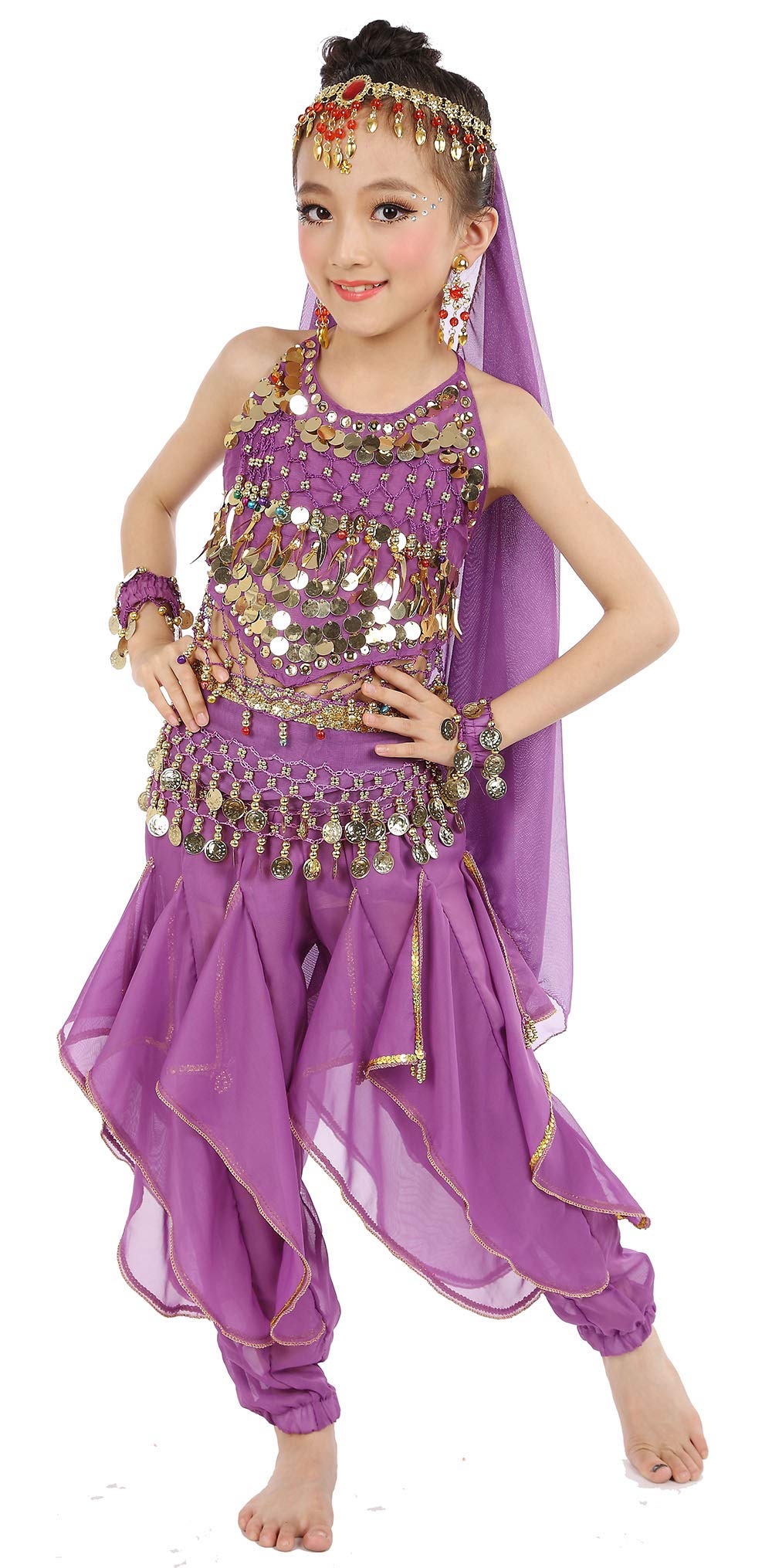 Cielary Kids Girls Belly Dance Halter Top Harem Pants Costume Set Halloween Outfit With Head Veil Waist Chain And Bracelets(Viol