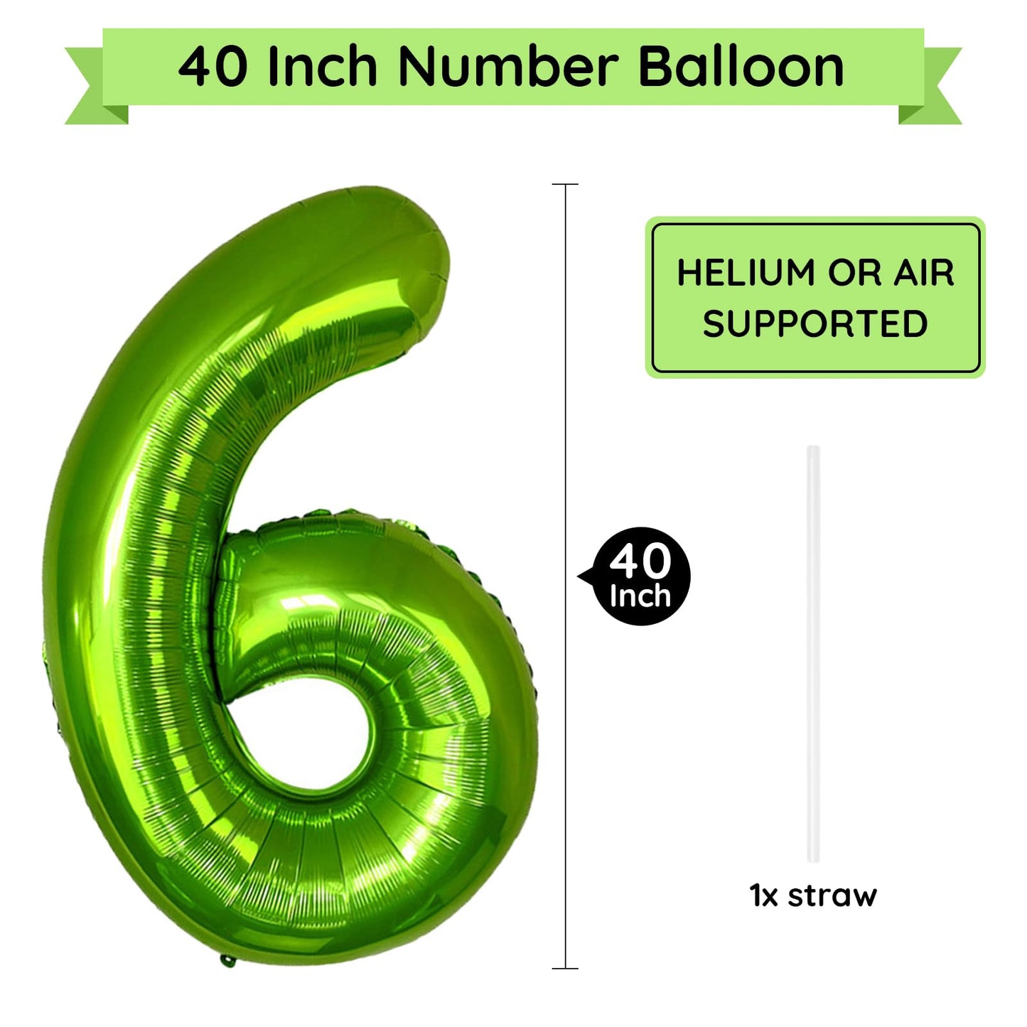 Paticool 40 Inch Green Number Balloon 6, Large Number Foil Balloons Mylar For Girl Boy Birthday Party Celebration Decorations Su