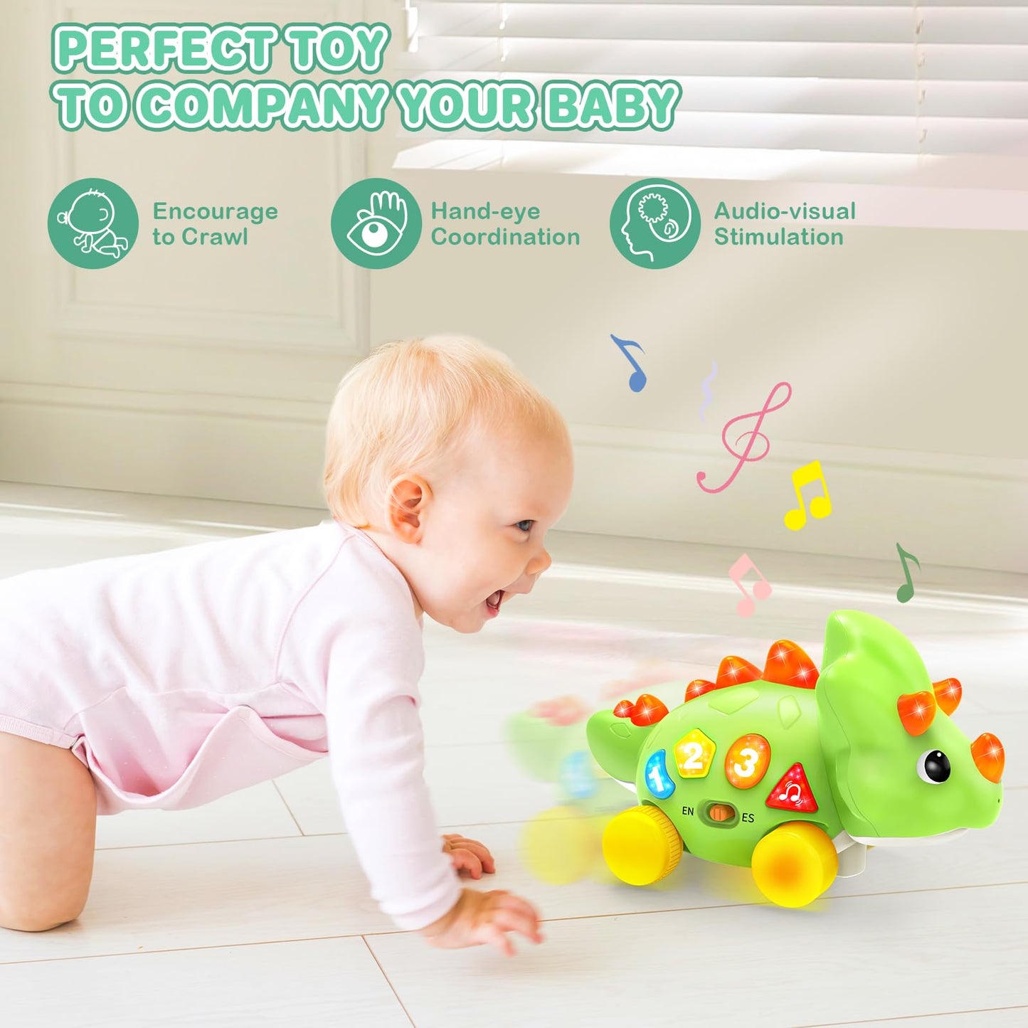 Dinosaur Crawling Toys For 1 Year Old Boy, Musical Baby Toys For 6-12 Months, Early Development Learning Toys For 12-18 Months B