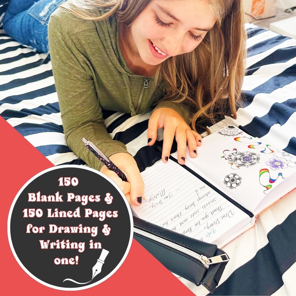 Life Is A Doodle Diary For Girls And Journal For Teens - Diary With Lock Gift Set Includes: Locking Notebook Journal, Traveling Pencil Pouch, Silver Brave Cuff, Writing Pen, And Sleek Gift Box