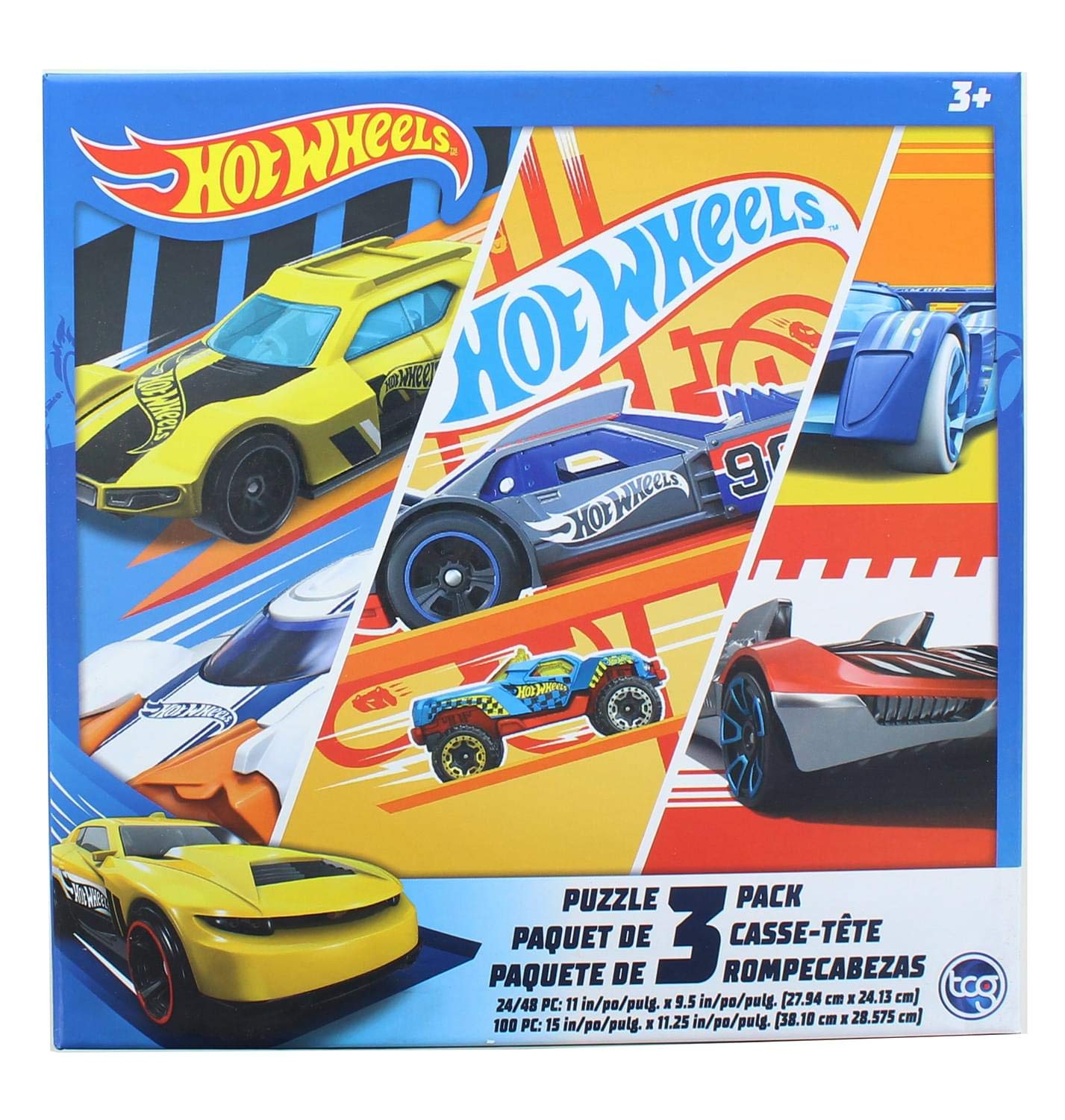 Hot Wheels 3 Pack Kids Puzzles (1X24PC, 1X 48PC, 1X100PC) , Blue