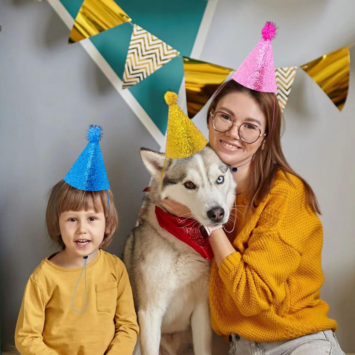 Sundecor Birthday Party Cone Hats, Lovely Glitter Shiny Party Hat Cone Paper Hats With Pom Pom For Birthday Party Games Accessor