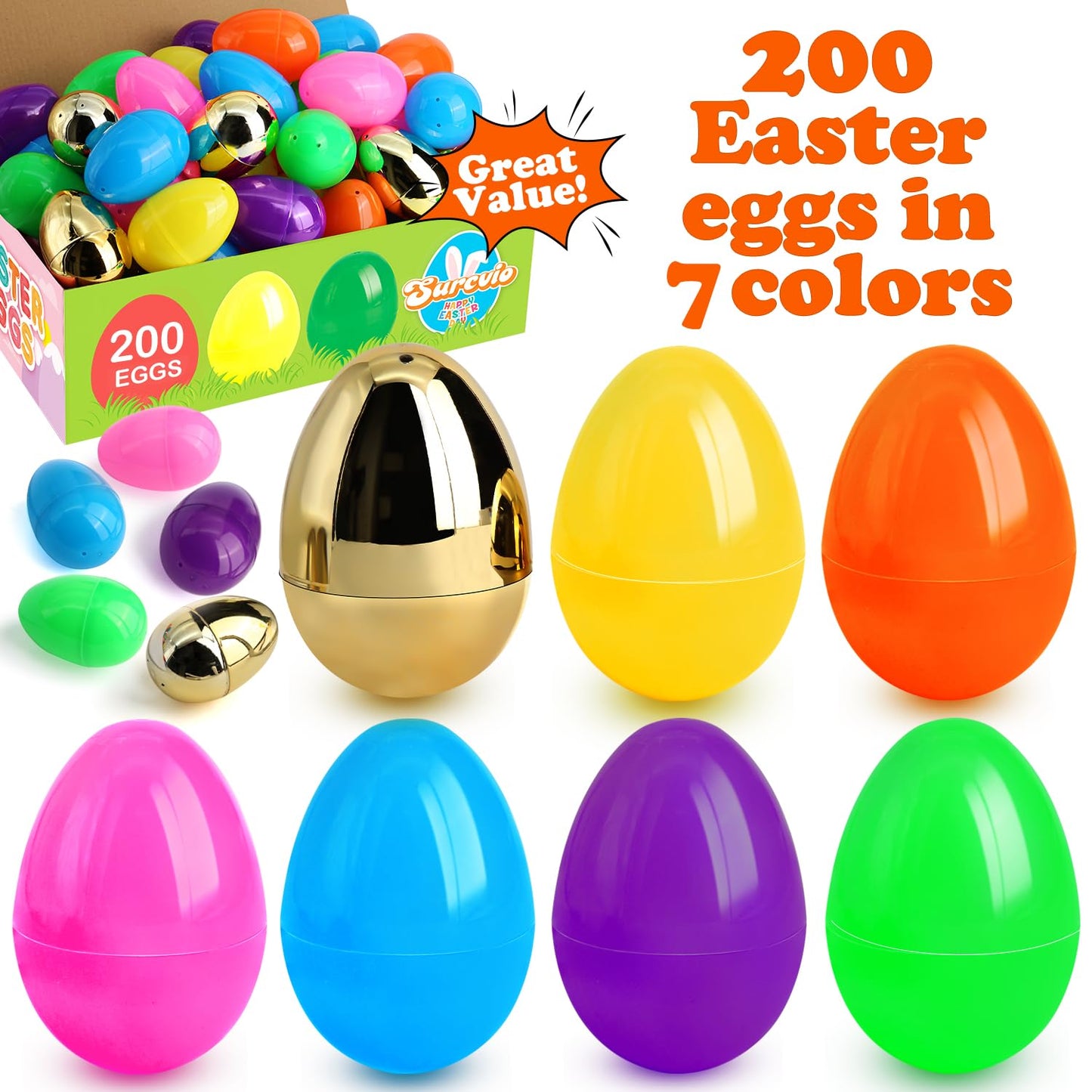 Surcvio [6 Surprise Golden Eggs] 200 Pack 2.3 Inch Plastic Easter Eggs, Empty Easter Eggs Fillable, Bright Colors Plastic Eggs B