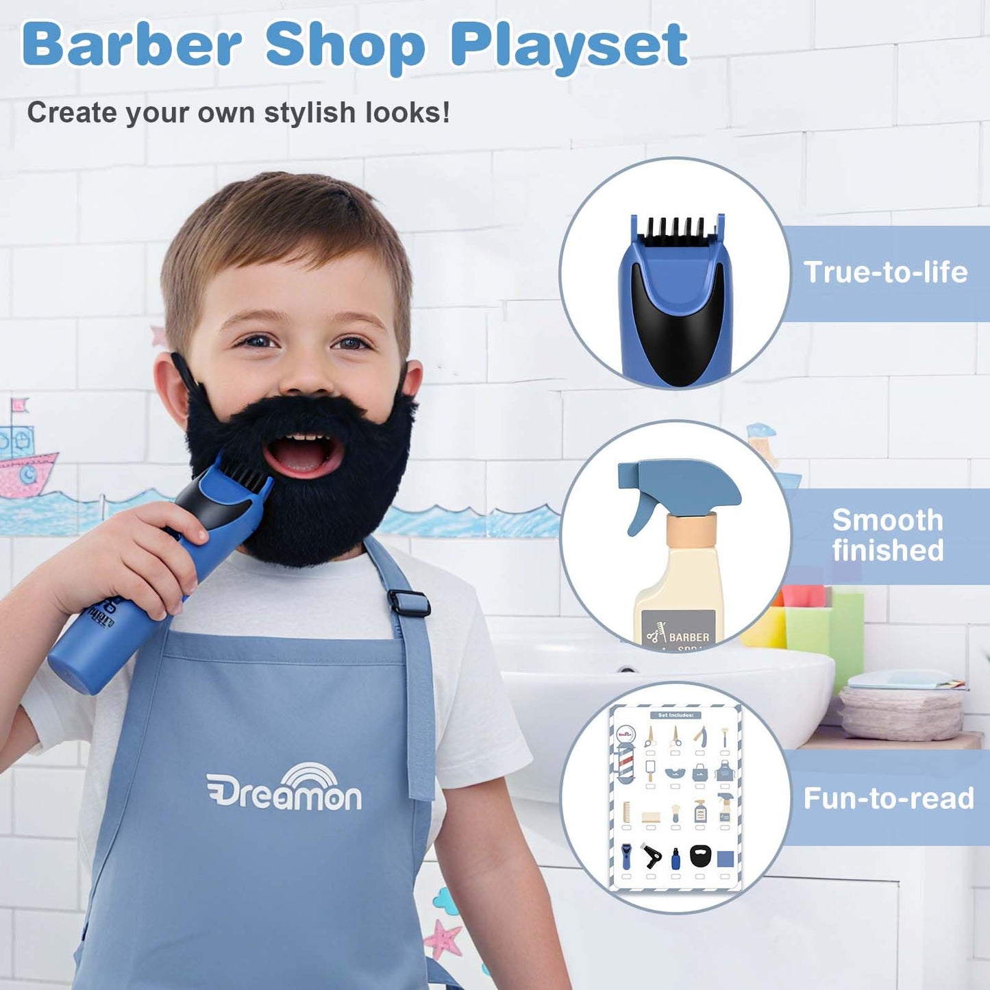 Dreamon Kids Barber Shop Pretend Play Set - Wooden Hair Salon Toys, Child-Size with Beard, Shaver, Dryer & Tool Bag, Model MZ005