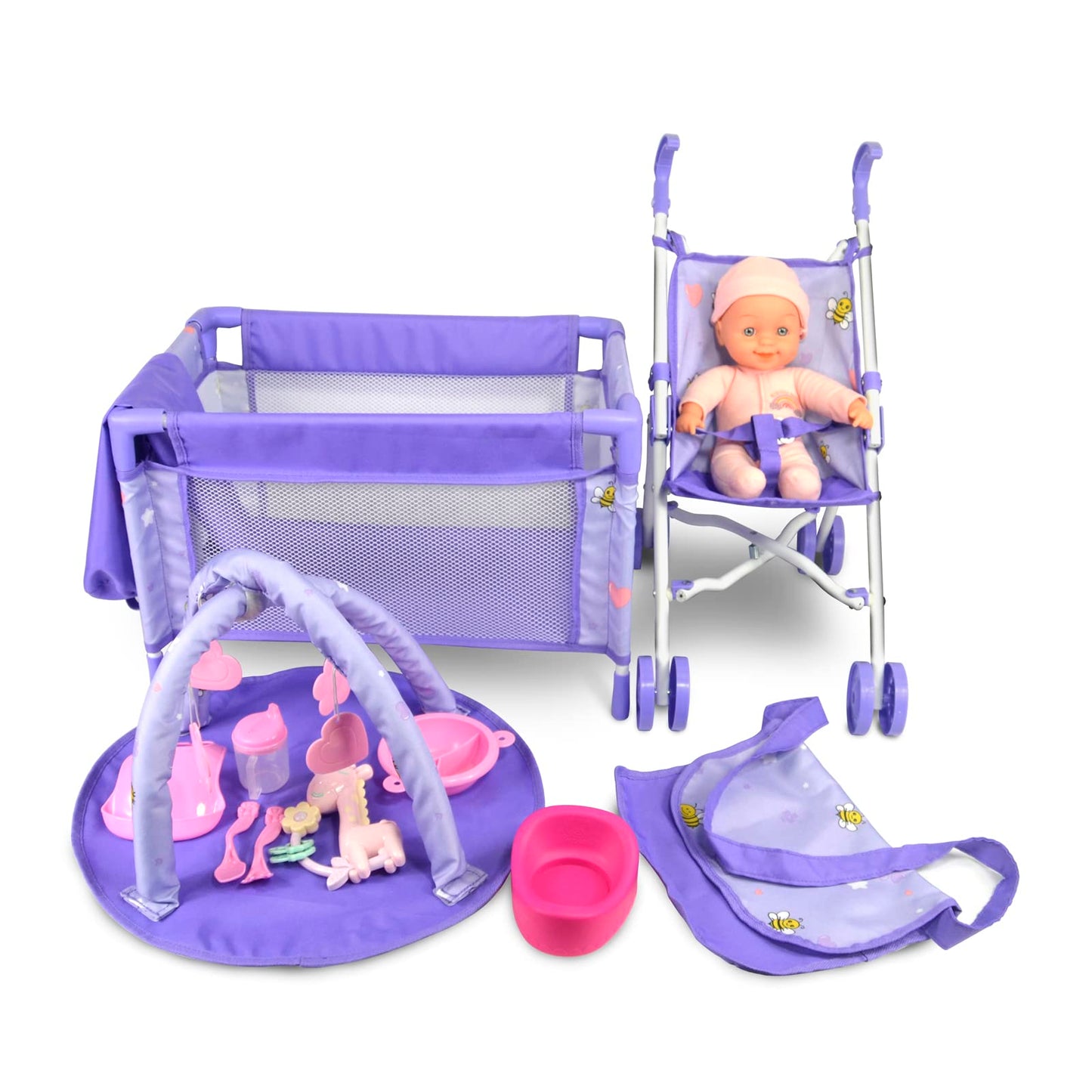ANIVIA 5PCs Baby Doll Stroller Set - Baby Doll Accessories Set Includes Doll Stroller/Doll Crib/Play Mat/Feeding Toy/Diaper Bag,