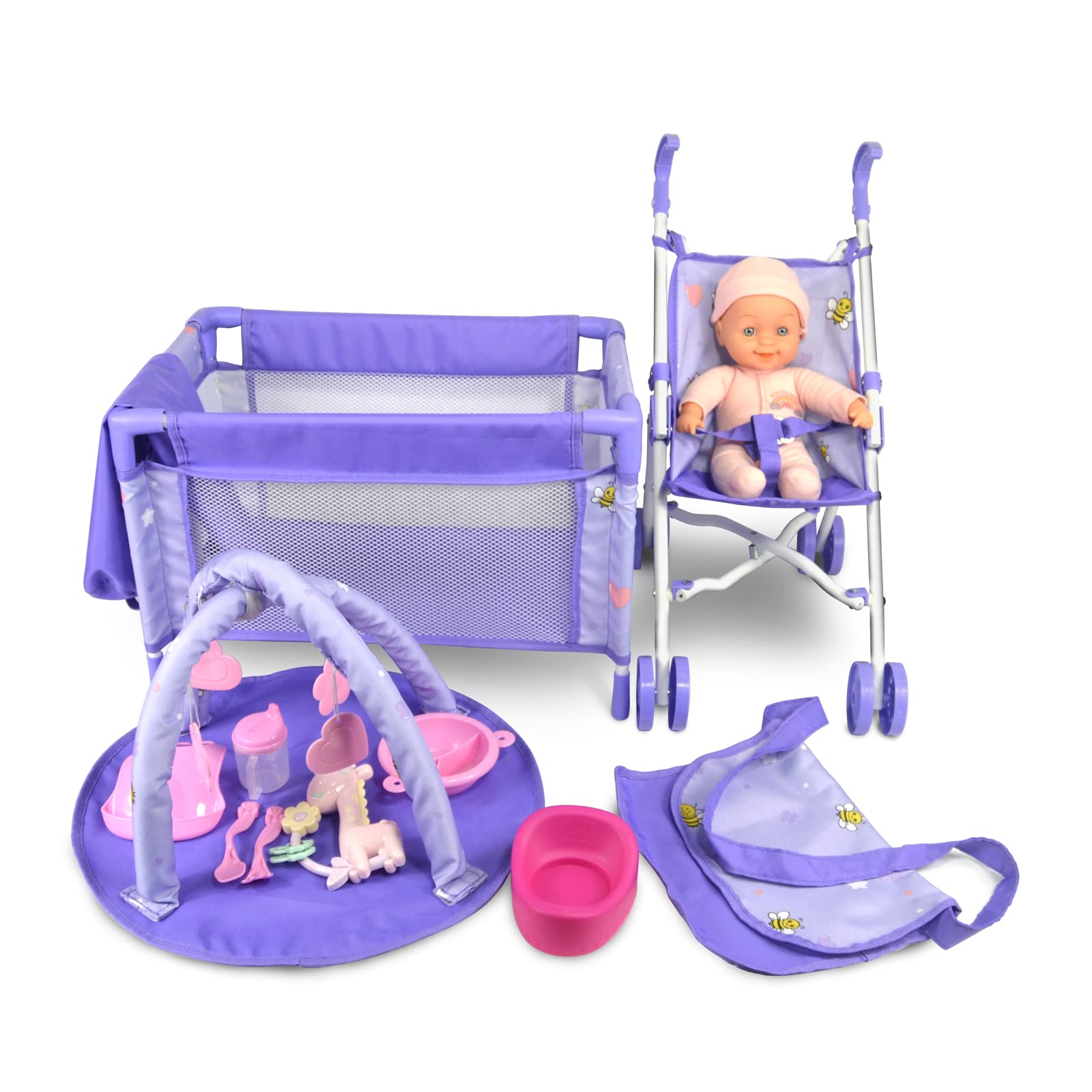 ANIVIA 5PCs Baby Doll Stroller Set - Baby Doll Accessories Set Includes Doll Stroller/Doll Crib/Play Mat/Feeding Toy/Diaper Bag,