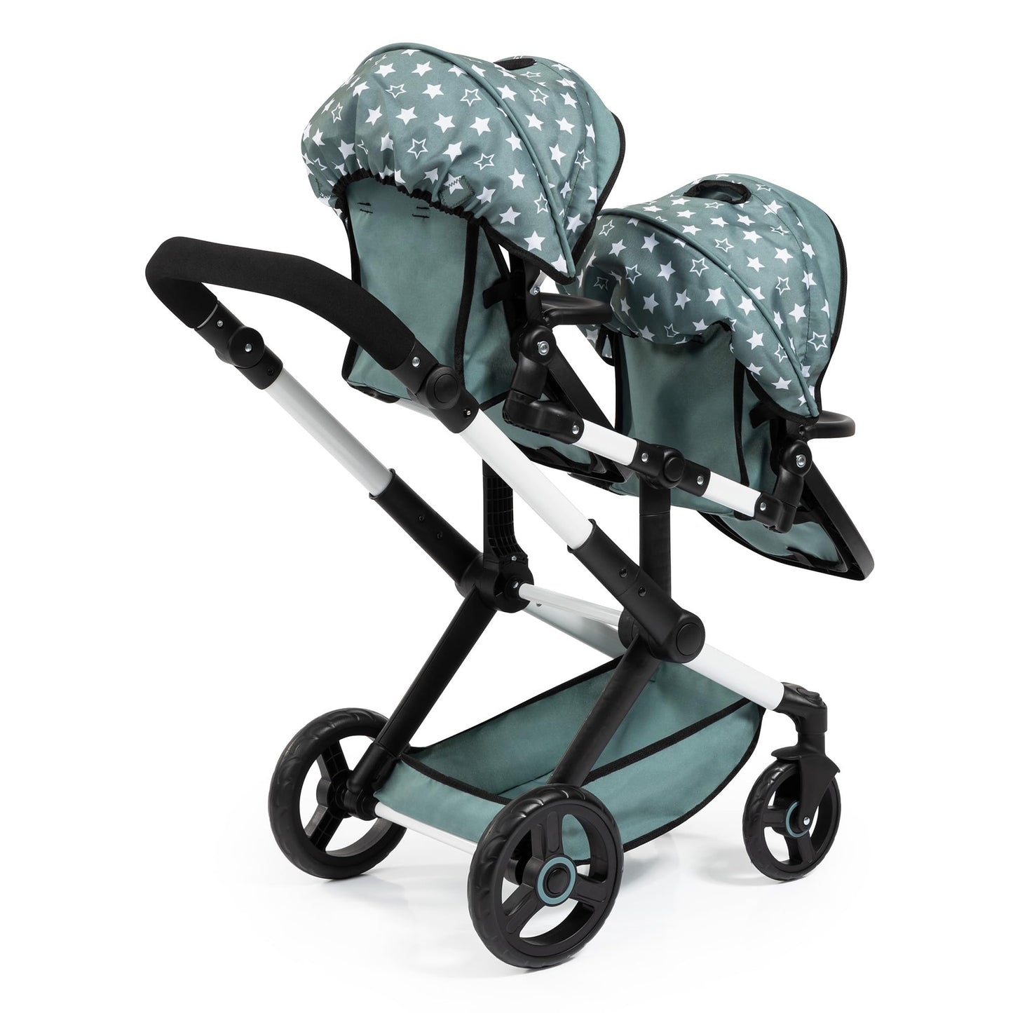 Bayer Design Dolls: Pram Xeo Twin - Green & White Stars - Seats 2 Dolls Up to 18, Shoulder Bag, Adjustable Handle, Foldable, Kid