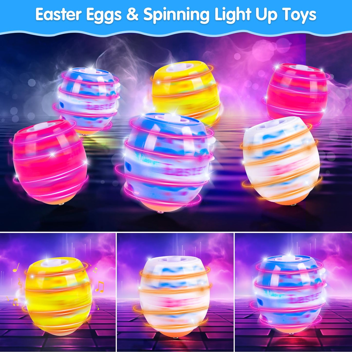 2024 Terramus Easter Eggs Toys, 6-Pack Spinning Tops, Led Light Up Toys, Lighting & Singing Party Favors Easter Basket Stuffers,