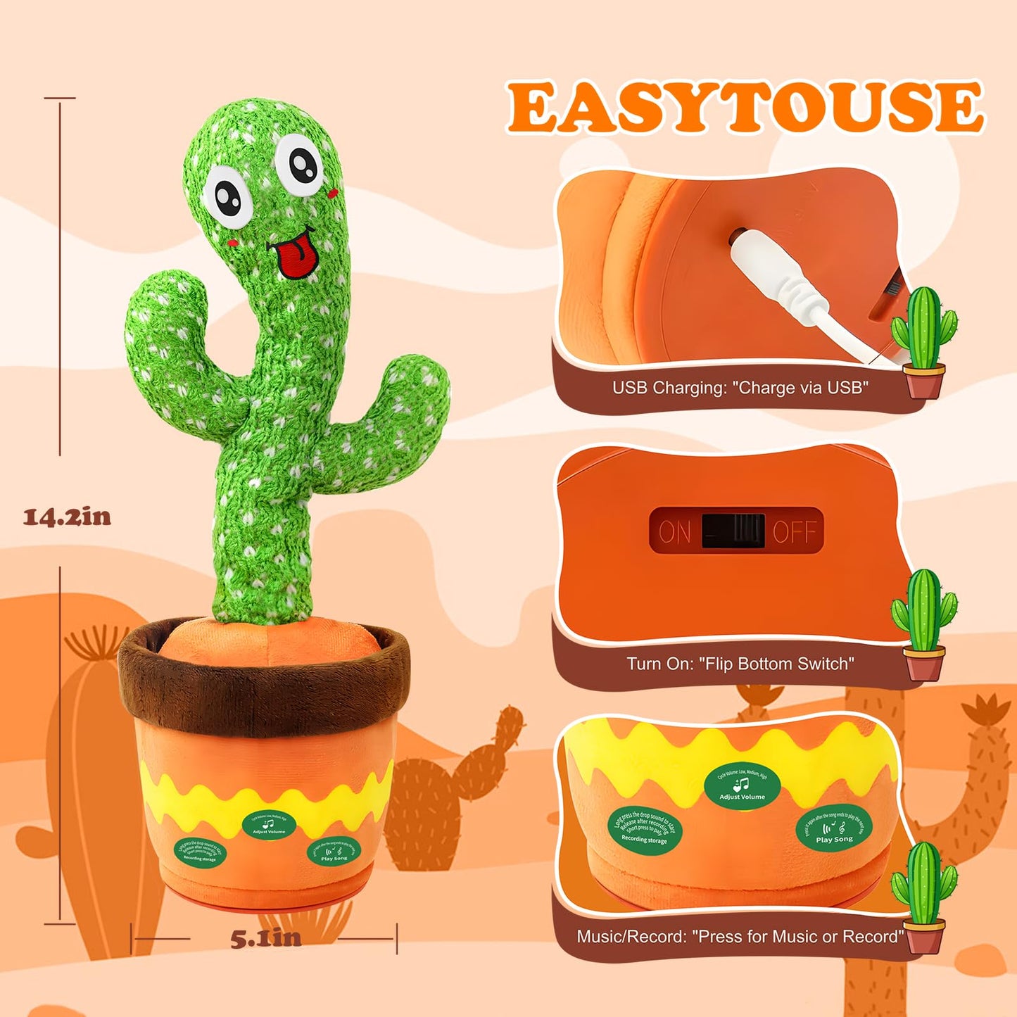 Ymltp Talking And Dancing Cactus Toy, Mimics Sounds, Plays 120 English Nursery Songs, Usb Rechargeable, Soft Plush, Led Lights,