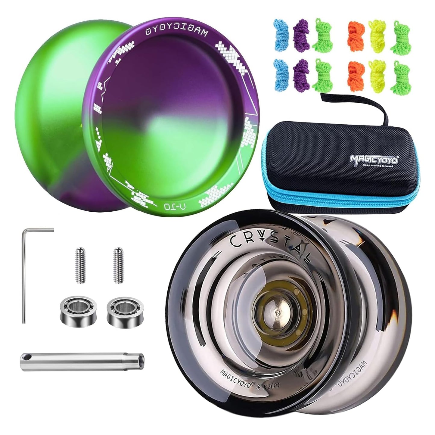 MAGICYOYO Pack of 2 Finger Spin Trick Yoyos  V10 Purple Green & K2 Black Responsive Yoyos for Kids Beginners  Unresponsive Yoyo Bearings Kit for mature-themed Professional +12 Strings  Yoyo Case Storage Bag