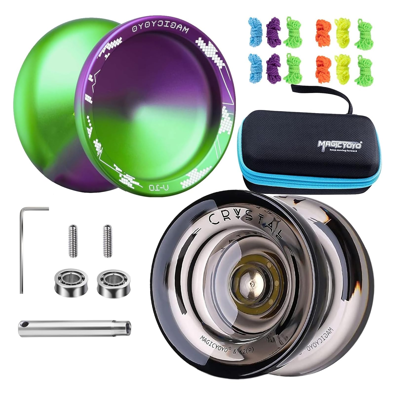 MAGICYOYO Pack of 2 Finger Spin Trick Yoyos  V10 Purple Green & K2 Black Responsive Yoyos for Kids Beginners  Unresponsive Yoyo Bearings Kit for mature-themed Professional +12 Strings  Yoyo Case Storage Bag