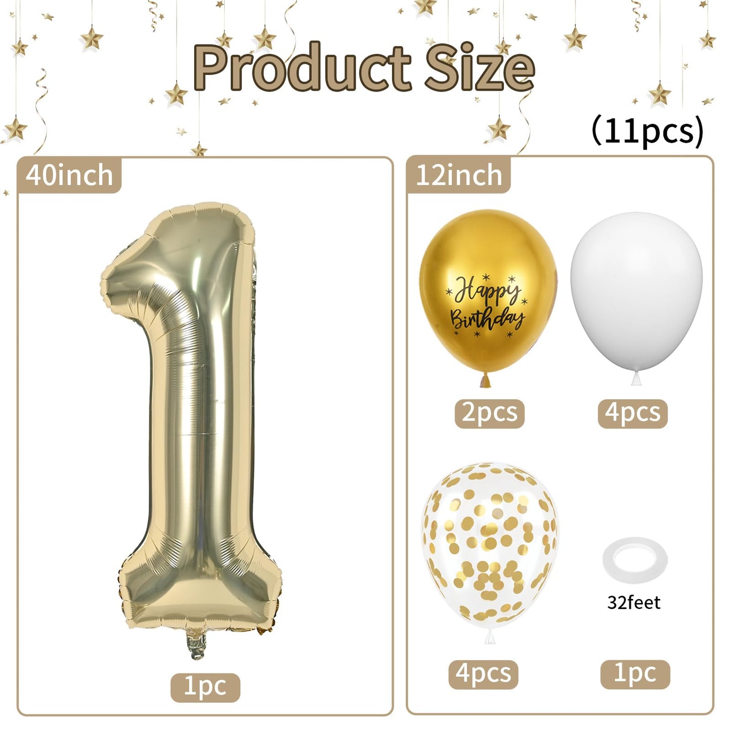 40 Inch Light Gold Number 1 Balloon, 1St Birthday Balloons, Confetti Balloons Gold Birthday Print White Latex Balloons Giant 1 F