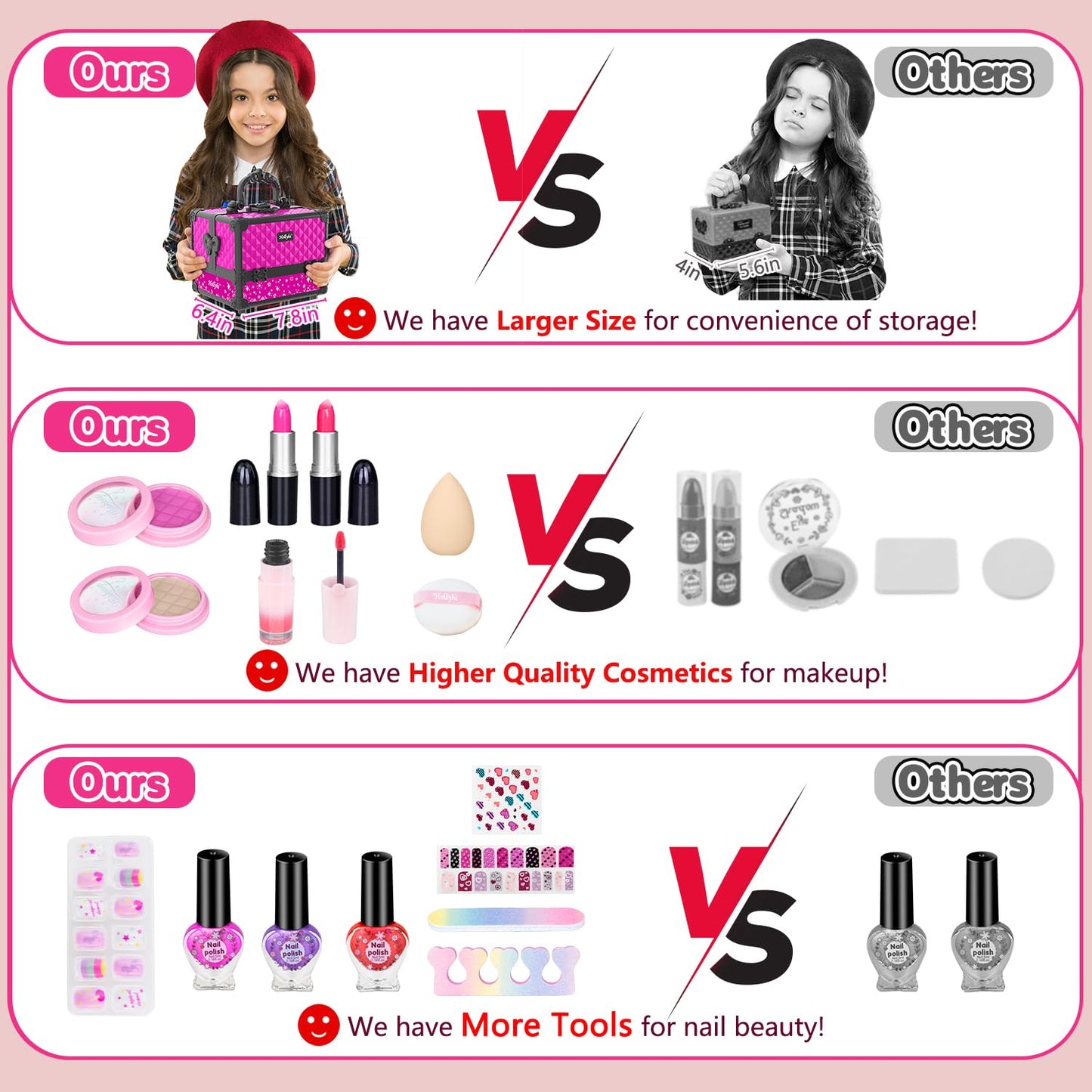 Hollyhi Kids Makeup Kit - 59 Pcs Washable Play Makeup Set, Pink Cosmetic Case for Girls Ages 3-12, Pretend Beauty Vanity Toys