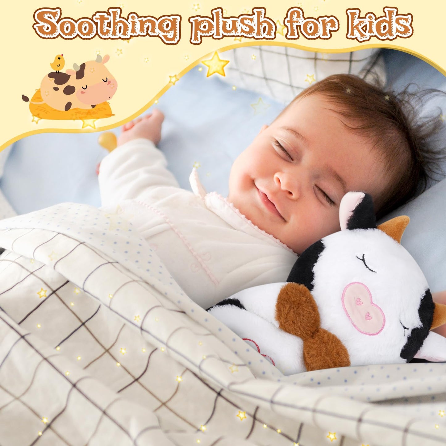 KOPHINYE 11" Breathing Cow Plush, Soft Stuffed Animal with Calming Music & Lights, Black and White, Model HXHBNNPM