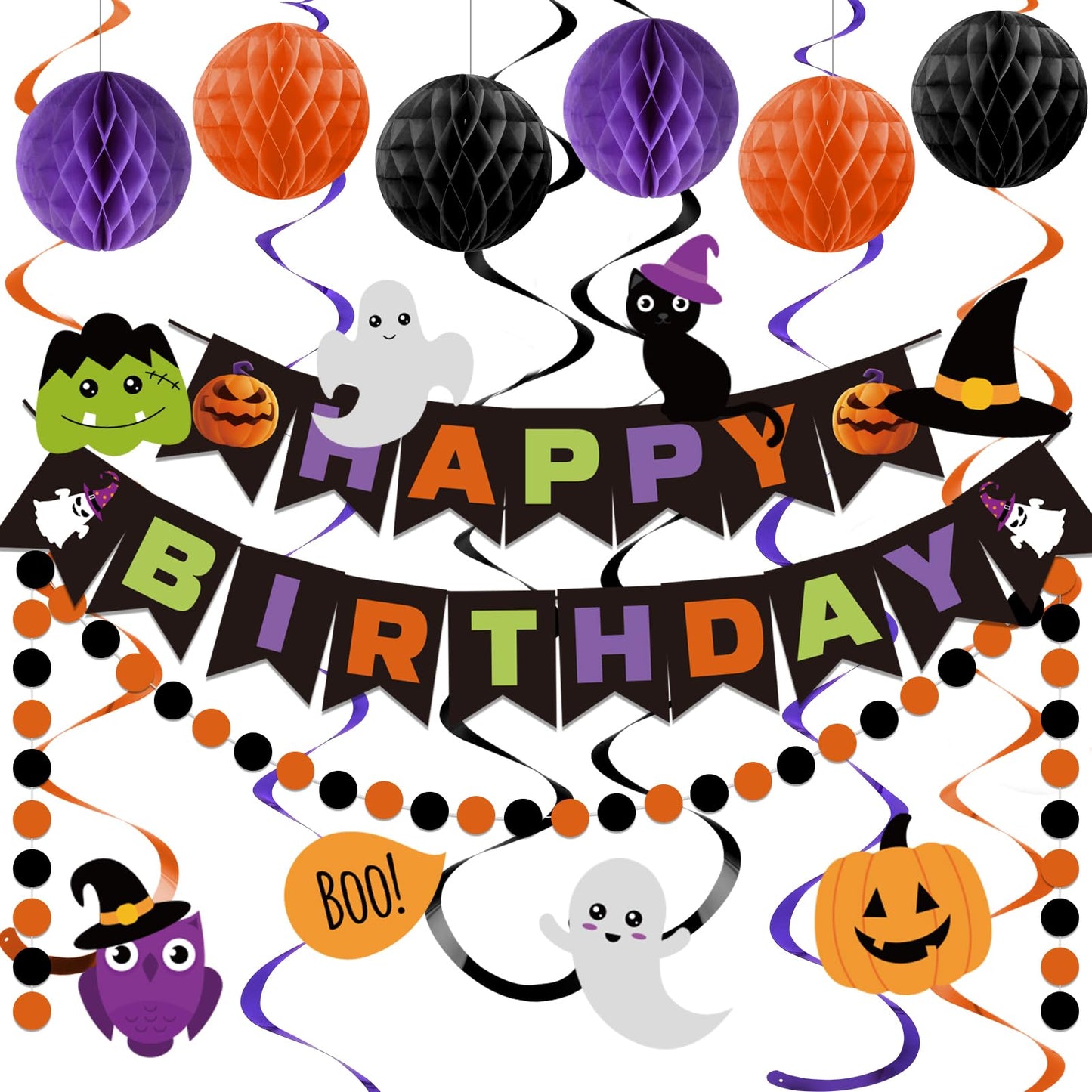 meowtastic Halloween Birthday Decorations - Happy Birthday Banner with Honeycomb Ball, Halloween Hanging Swirl Streamer, Circle 