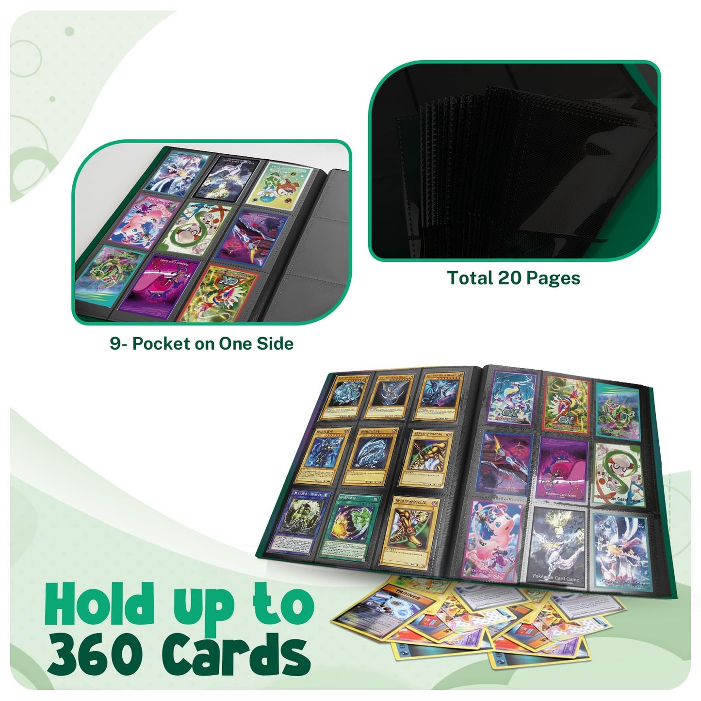 Card Binder  9 Pocket Trading Card Album Folder 20 Pages  360 Card Capacity Sports Card Binder  enhanced Card Binders Compatible with MTG  TCG  Baseball Cards (Green)