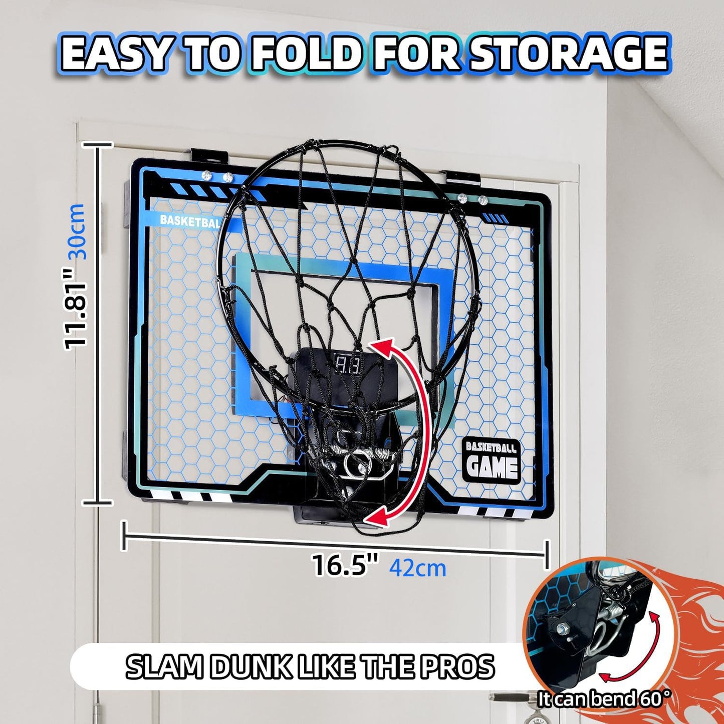 Folimix Mini Basketball Hoop Indoor For Kids, Basketball Hoop Over The Door With Led Lighting, Electronic Scoreboard & 3 Balls,