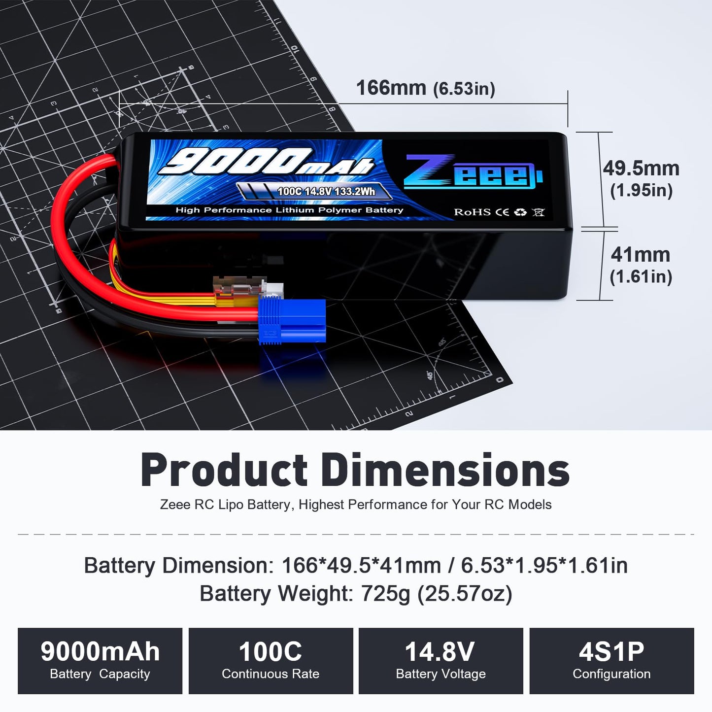 Zeee 4S Lipo Battery 9000mAh 14.8V 100C Soft Case RC Battery EC5 Connector with Metal Plates for RC Car Truck Tank Racing Models