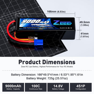 Zeee 4S Lipo Battery 9000mAh 14.8V 100C Soft Case RC Battery EC5 Connector with Metal Plates for RC Car Truck Tank Racing Models