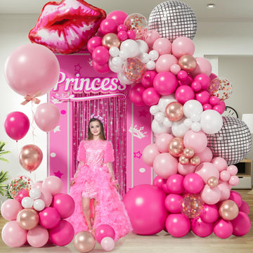 Pink Balloon Garland Arch Kit With Hot Pink Rose Gold Chrome Balloons With Heart Lip Silver Disco Ball Balloon For Girls Birthda