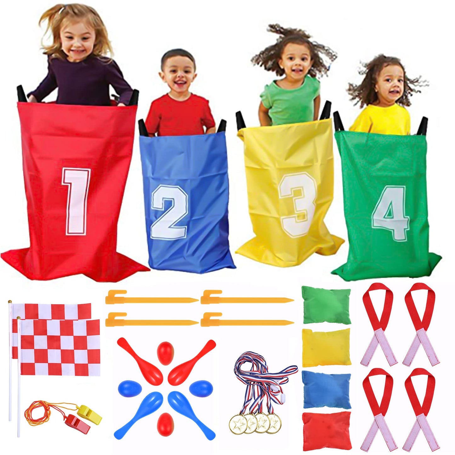 Goldge 28 Piece Outdoor Games Kit For Kids - Includes Potato Sack Race Bags, Bean Bag Toss, 3 Legged Race Bands, Egg Spoon Relay