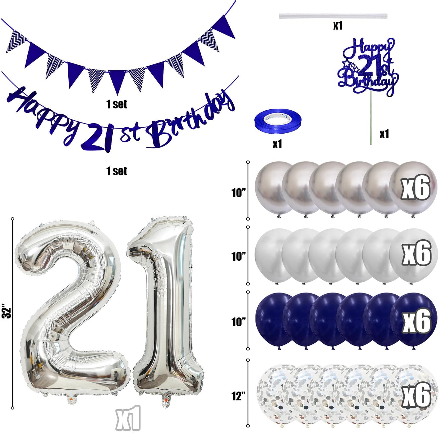 21St Birthday Decorations For Him, Blue Happy 21St Birthday Banner With Navy Blue Silver 21St Birthday Balloons 21 Birthday Cake