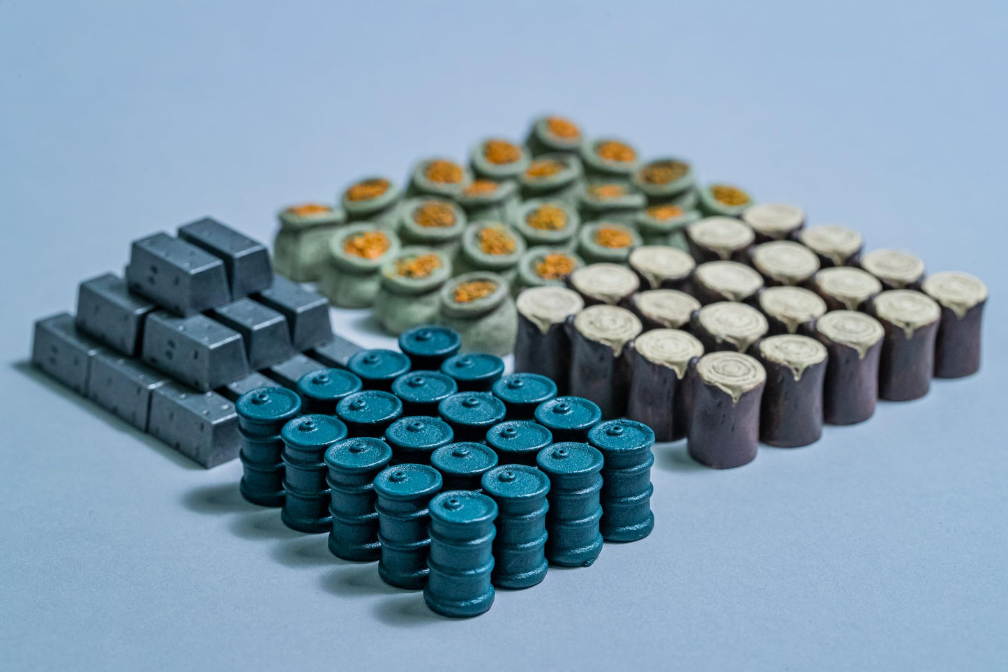 Stonemaier Games Scythe Realistic Resources - 80 Upgraded Resin Tokens (20 Grain, 20 Iron, 20 Oil, 20 Wood), Model STM608