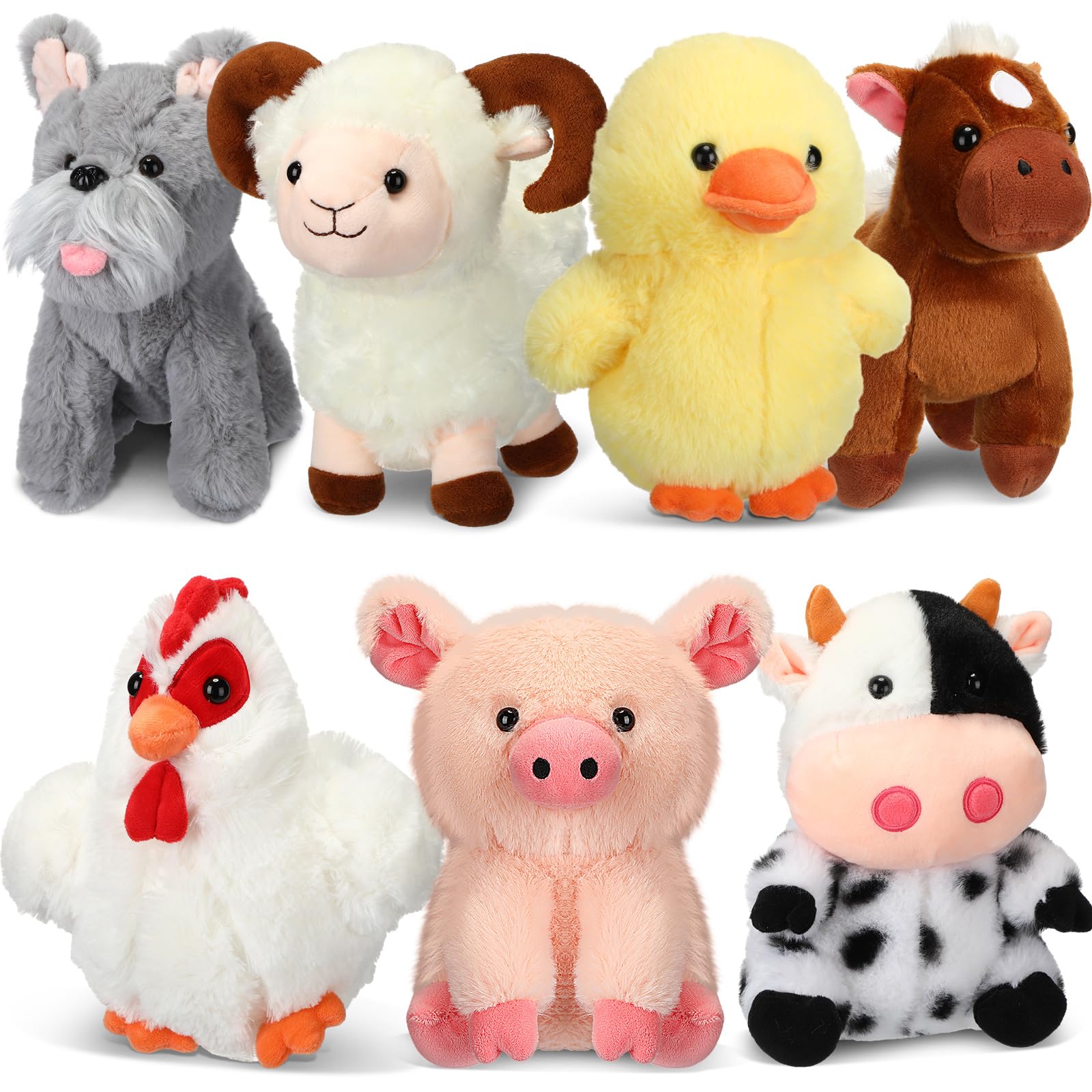 Hiboom 7 Pcs Farm Stuffed Plush Animals Toys Set 8 Inch Barnyard Stuffed Animals Bulk Soft Pig Rooster Horse Duck Sheep Cow Dog