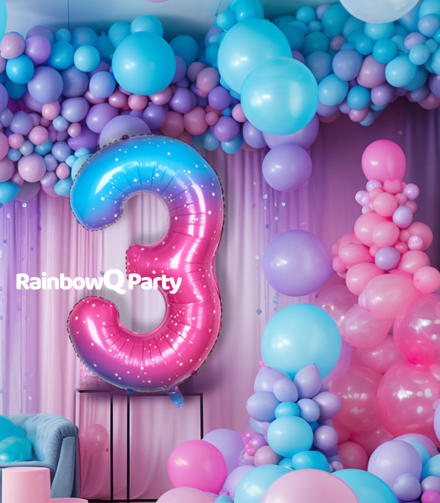 Rainbowq Number 3 Balloon 40 Inch For Boy Or Girl Big Starry 0-9 Foil Mylar Large 3 Number Balloon Happy 3Rd Birthday Party Anni