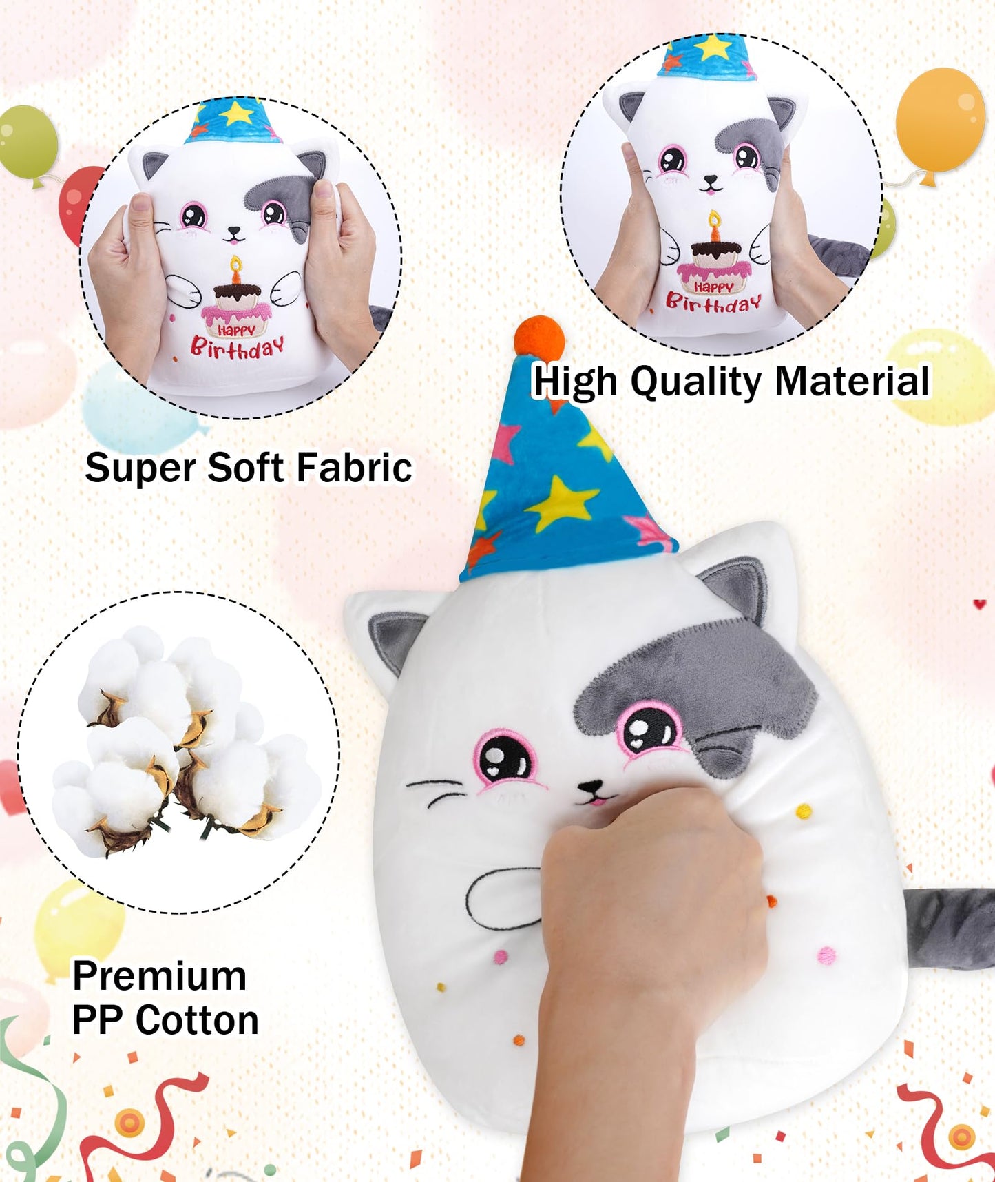 Birthday Stuff Cat Plush Gift - Adorable Blue White Cat Stuffed Doll, Cute Birthday Hat And Cake, Soft Huggable For Kids' Gifts,