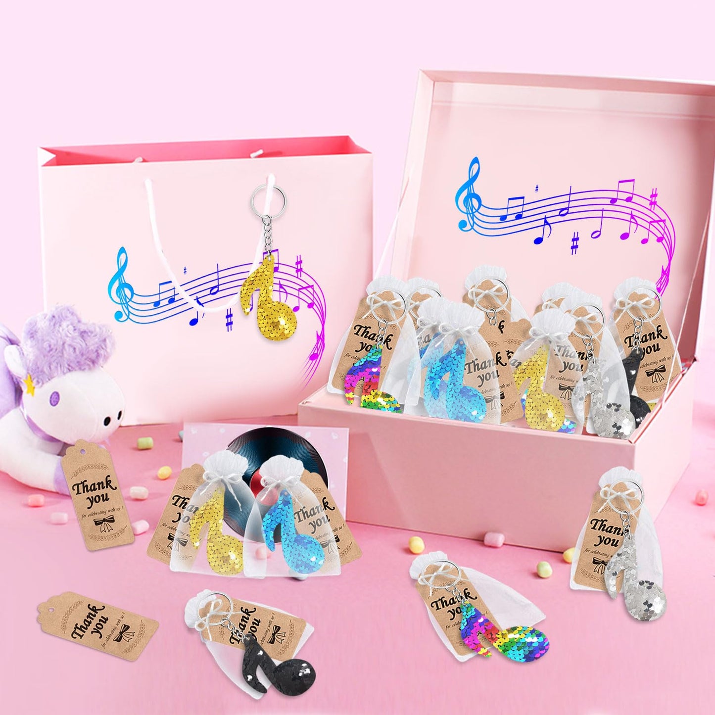 CiciBear 25 Pack Musical Note Sequin Keychains for Kids and Adults Birthday Gift, Baby Shower, Note Party Favor, 5 Colors