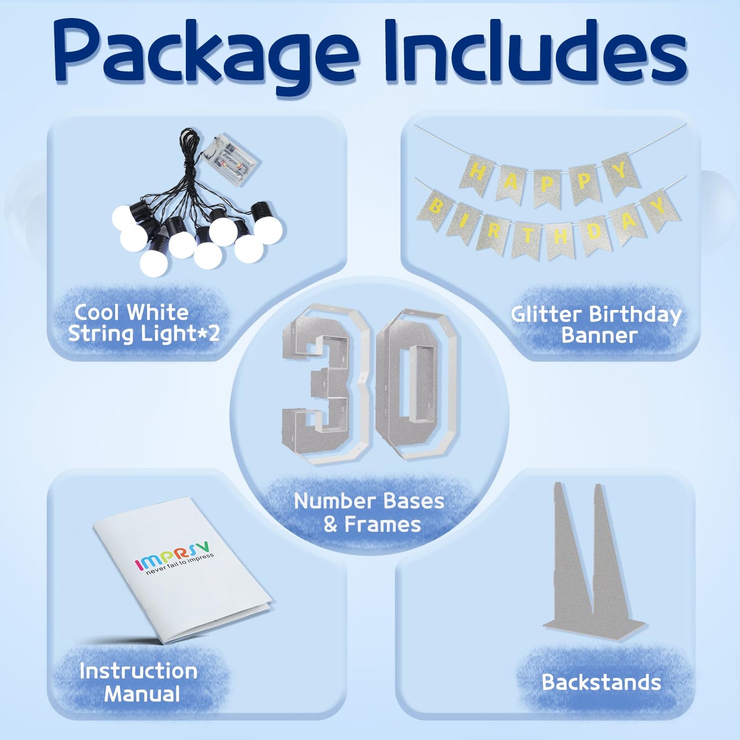 Imprsv Marquee Numbers Silver 30Th-Birthday Decorations: Large 3Ft Light Up Number Grey 30 Birthday Decoration For Women Men Thi