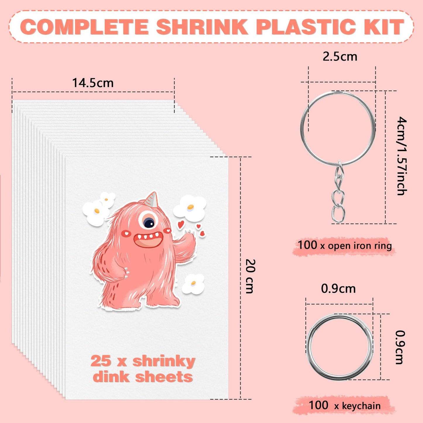 Ofnmy 225Pcs Shrinky Dink Kit,Shrinky Dink Sheets,Shrink Plastic Sheets Kit With 25Pcs Shrinky Dink Paper,100Pcs Keychains And O