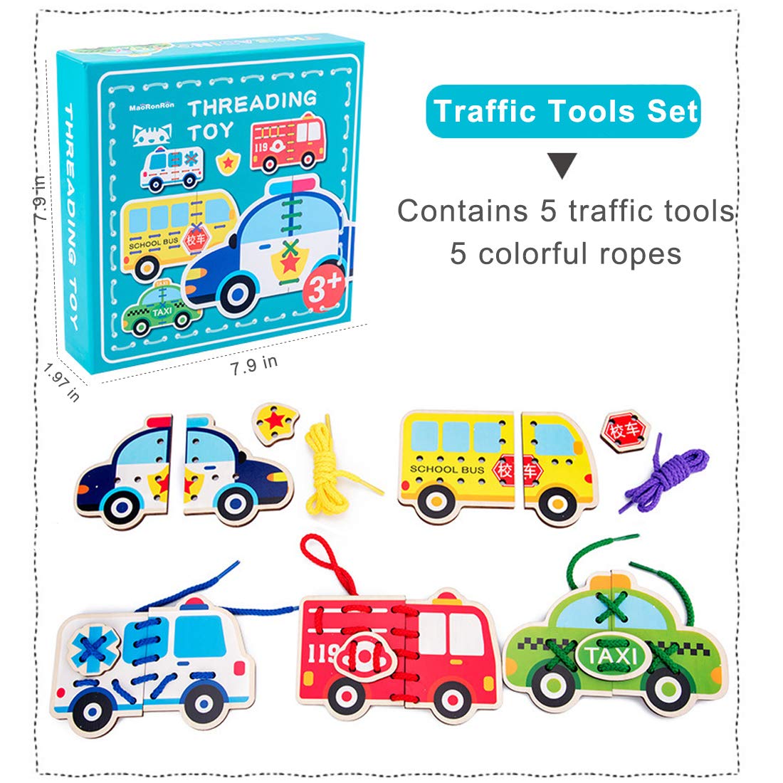 Promise Babe 5 Pack Lacing Cards Wooden Cars Block Puzzle Threading Toys Montessori Toy Sewing Cards For Toddler Educational Pre