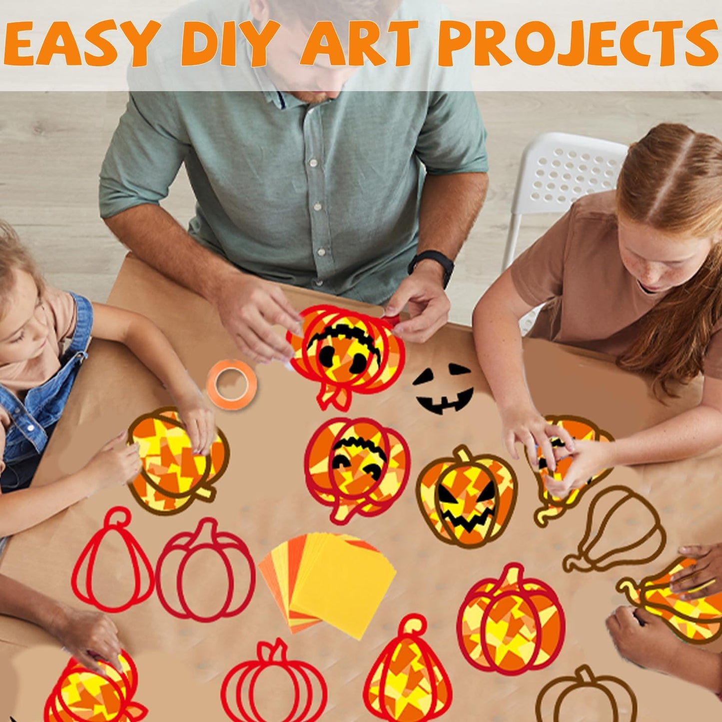 Qyeahkj 36 Set Fall Pumpkin Suncatchers Crafts for Kids DIY Thanksgiving Pumpkin Window Tissue Paper Crafts Kit Halloween Hangin