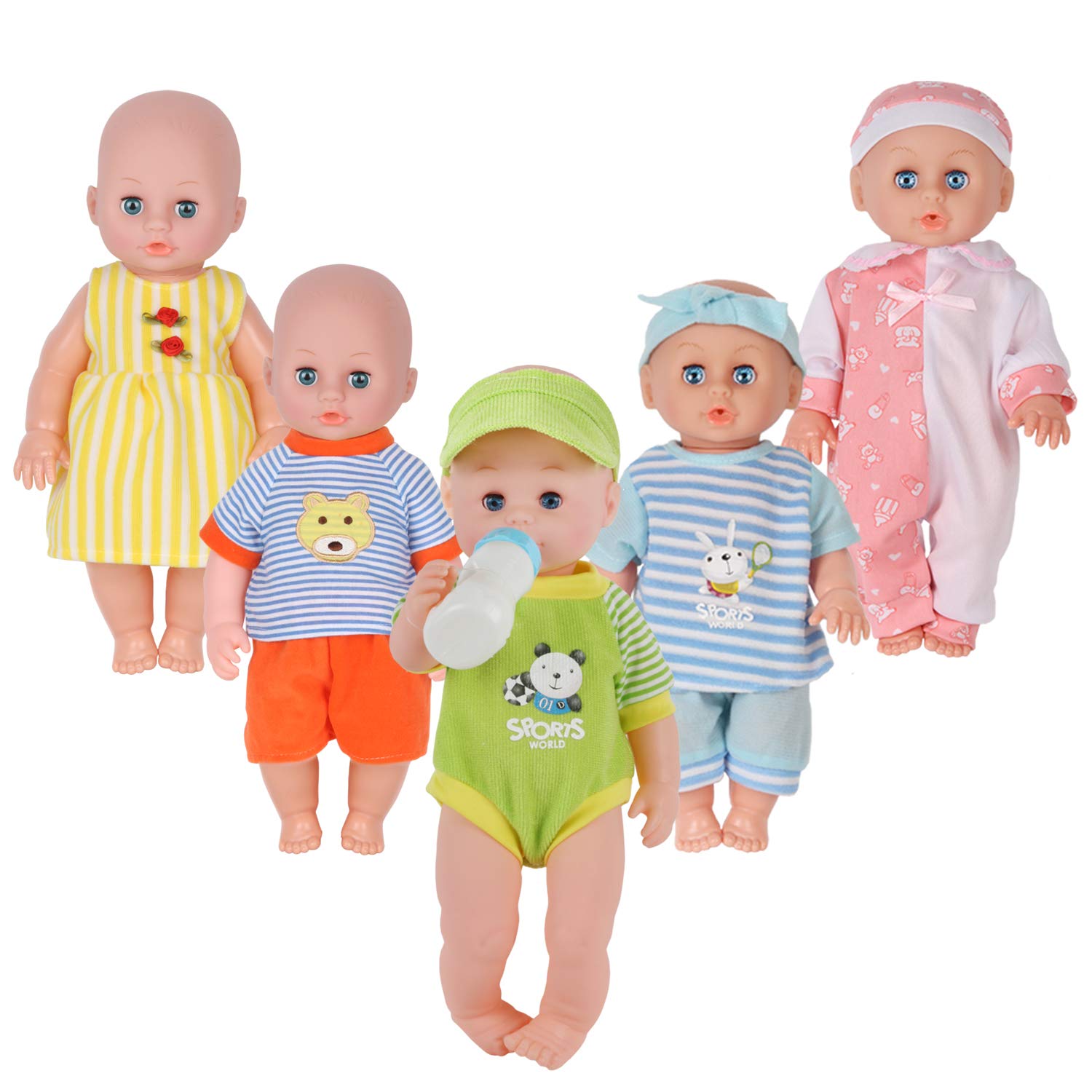 Set of 5 Baby Doll Clothes Accessories(NO Doll) with Feeding Bottle,for 12-13-14 Inch Newborn Reborn Alive Baby Doll, Dress Clot