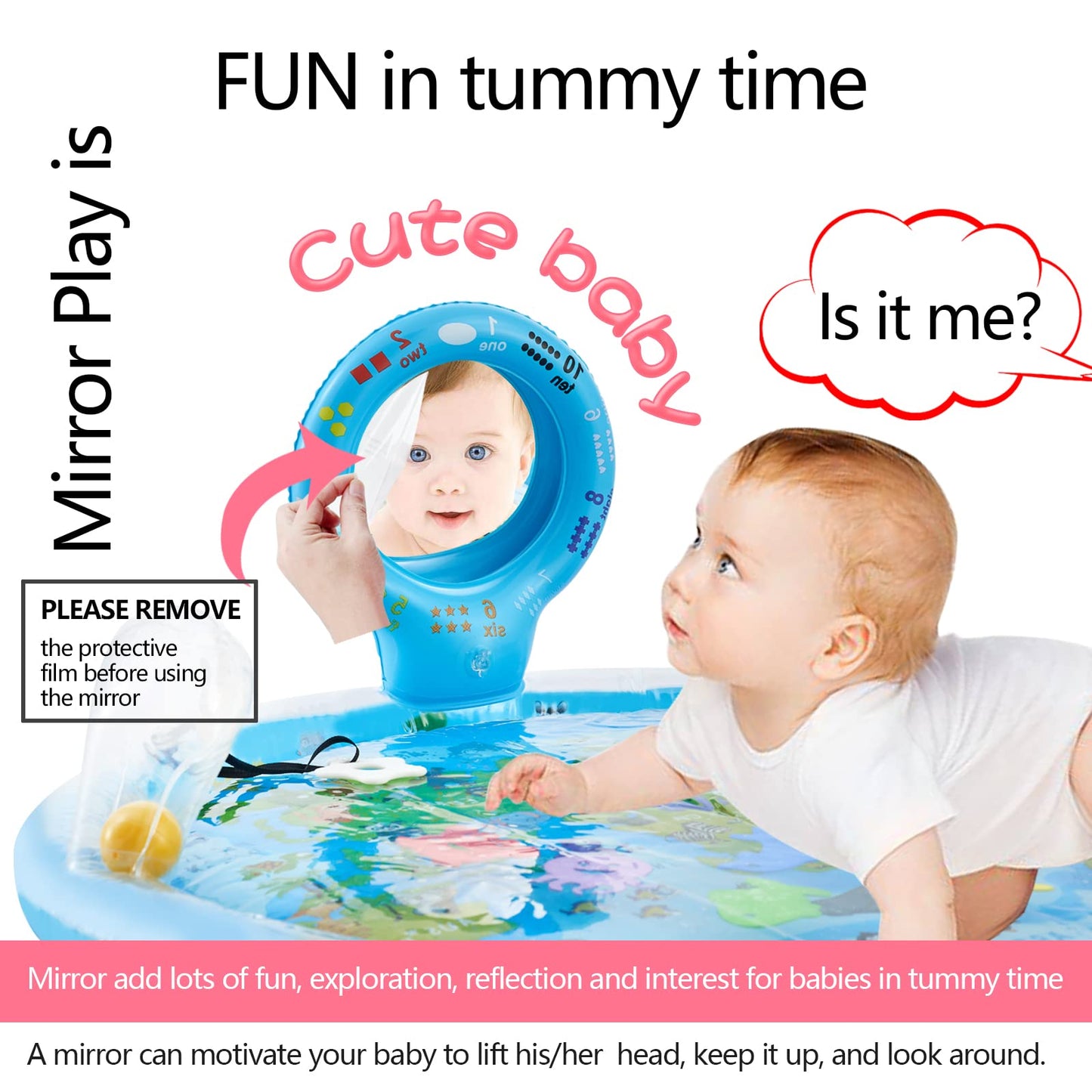 Flashbluer 4-In-1 Tummy Time Water Play Mat With Baby Mirror & Teethers And Rattles, Large Infant Newborn Toys, Suitable For 3 6 9 12 Month Baby Girl Or Boy Development