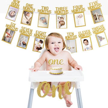 1St Birthday Baby Photo Banner For Newborn To 12 Months, With High Chair Banner, Monthly Milestone Photograph Bunting Garland Fi