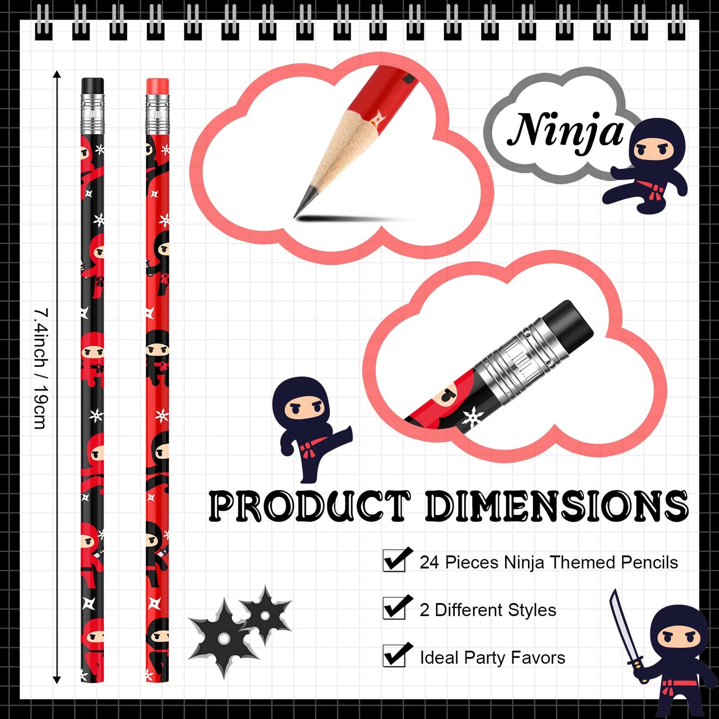 Nezyo Ninja Pencils Set - 24 Wooden Pencils with Erasers for Kids Party Favors, Stocking Stuffers, Classroom Rewards, and Carnival Goodie Bags