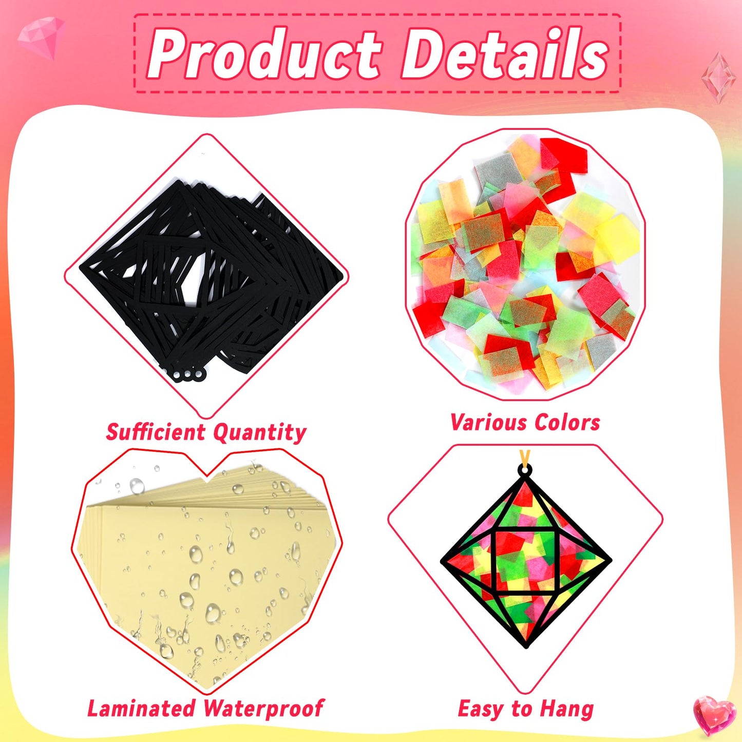 Qyeahkj 36 Set Jewel Suncatchers Crafts for Kids DIY Diamond Window Tissue Paper Craft Kit Jewel Hanging Decor for Summer School