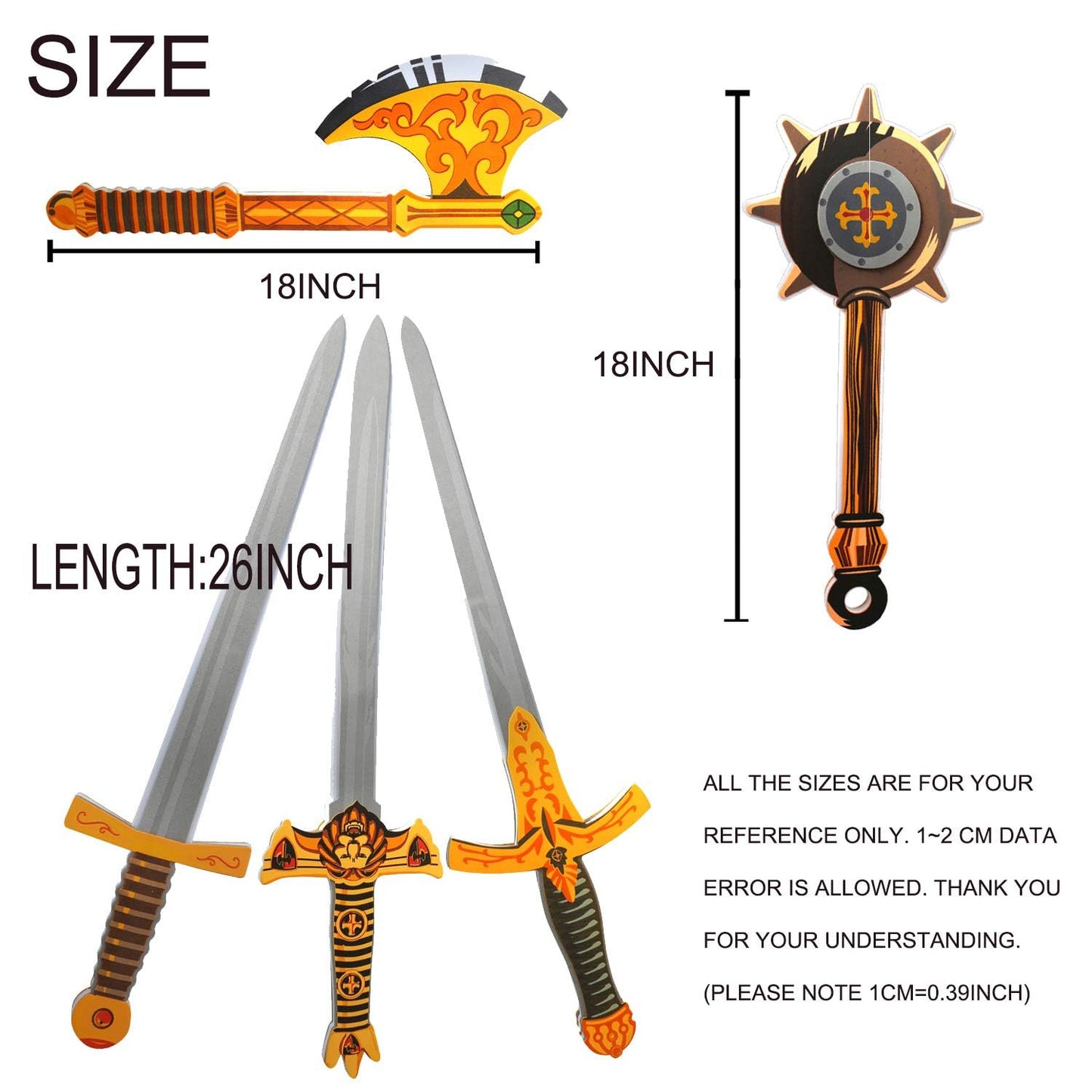 lausomile Foam decorative replica blades  Playset Toy for Boys - 17 inch Foam Golden Axe Hammer for Kids Play  Pack of 5 Warrior  Pretend Playset Play Soft Warrior Toy for Boys Kids Gift
